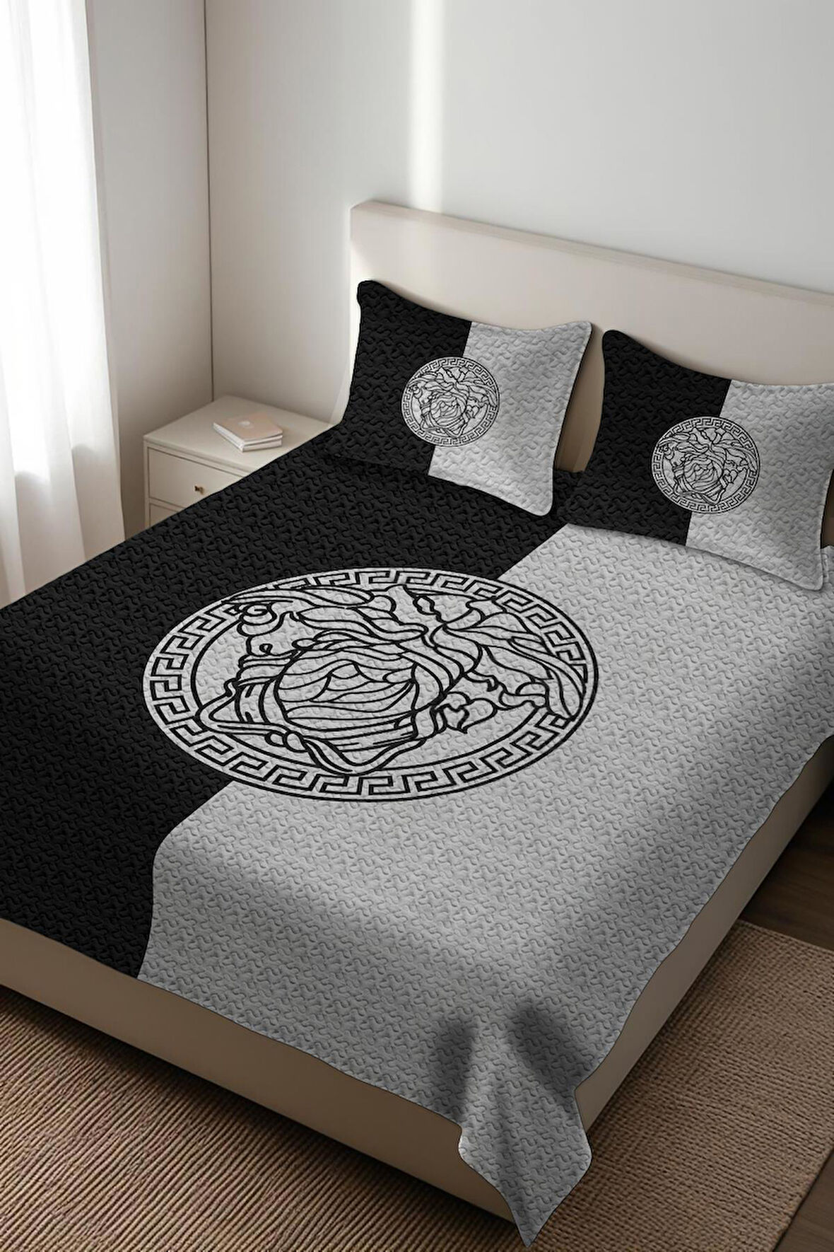 Parlak Kadife Kumaş Kapitoneli Çift Kişilik Yatak Örtüsü Seti (3 Parça) CKY0004