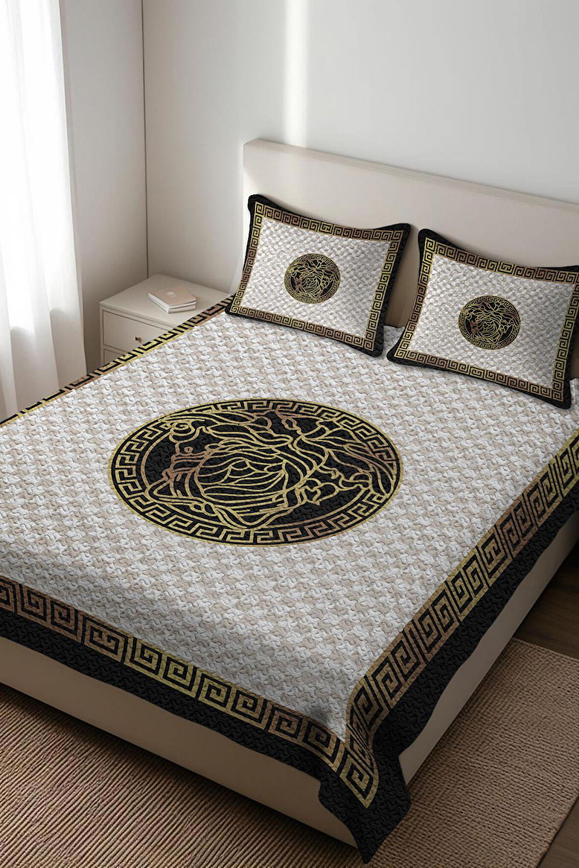 Parlak Kadife Kumaş Kapitoneli Çift Kişilik Yatak Örtüsü Seti (3 Parça) CKY0005