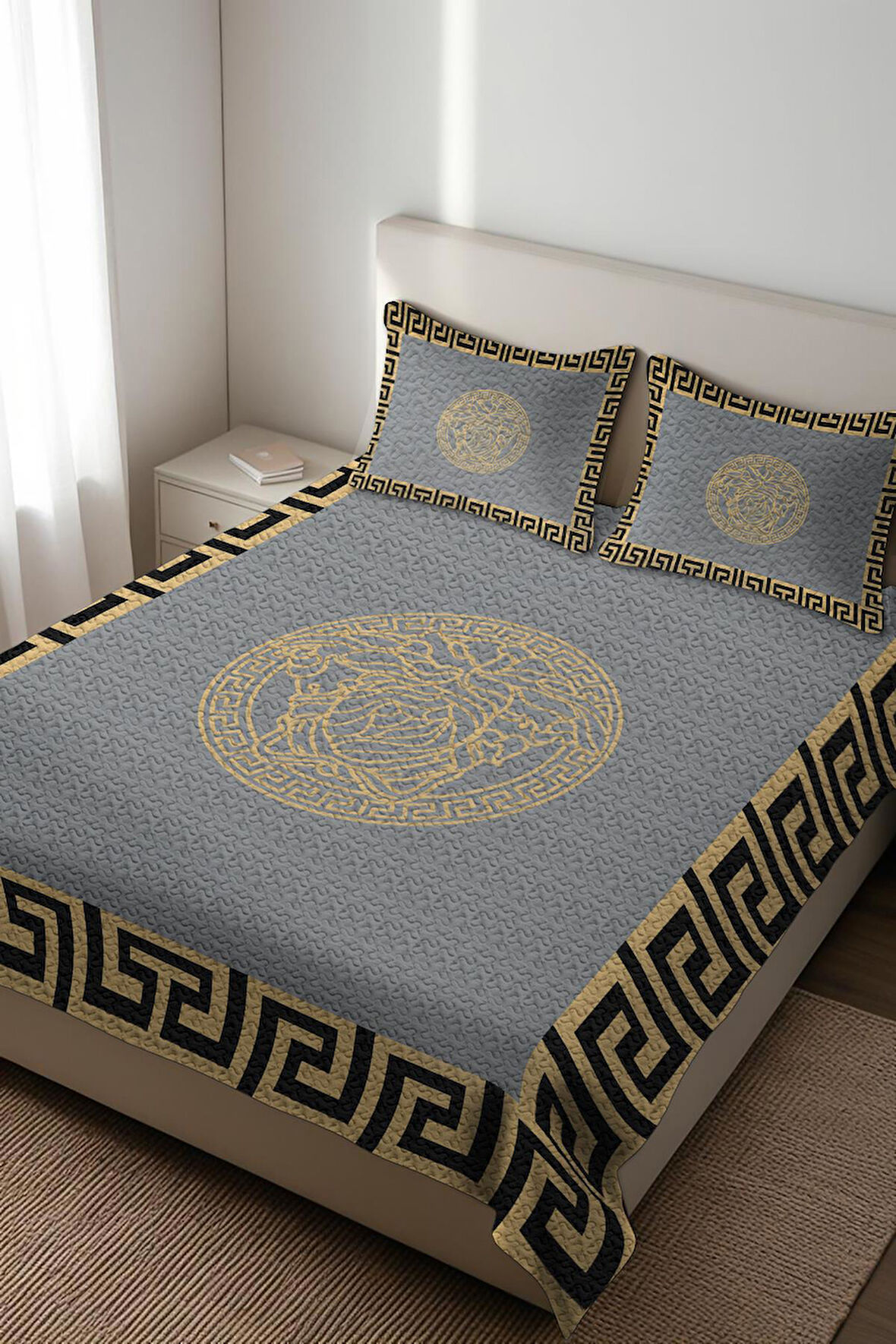 Parlak Kadife Kumaş Kapitoneli Çift Kişilik Yatak Örtüsü Seti (3 Parça) CKY0006