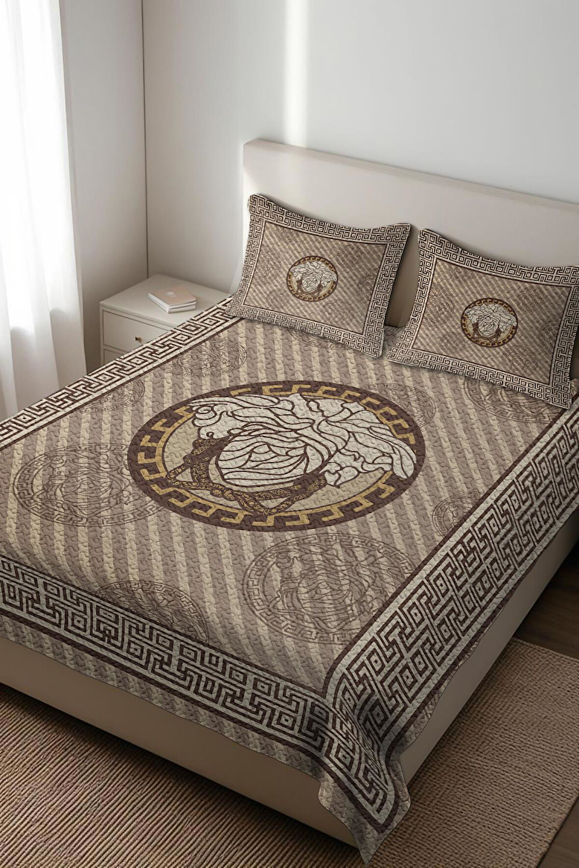 Parlak Kadife Kumaş Kapitoneli Çift Kişilik Yatak Örtüsü Seti (3 Parça) CKY0007