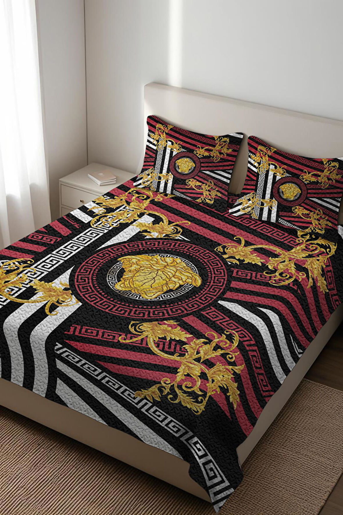 Parlak Kadife Kumaş Kapitoneli Çift Kişilik Yatak Örtüsü Seti (3 Parça) CKY0008