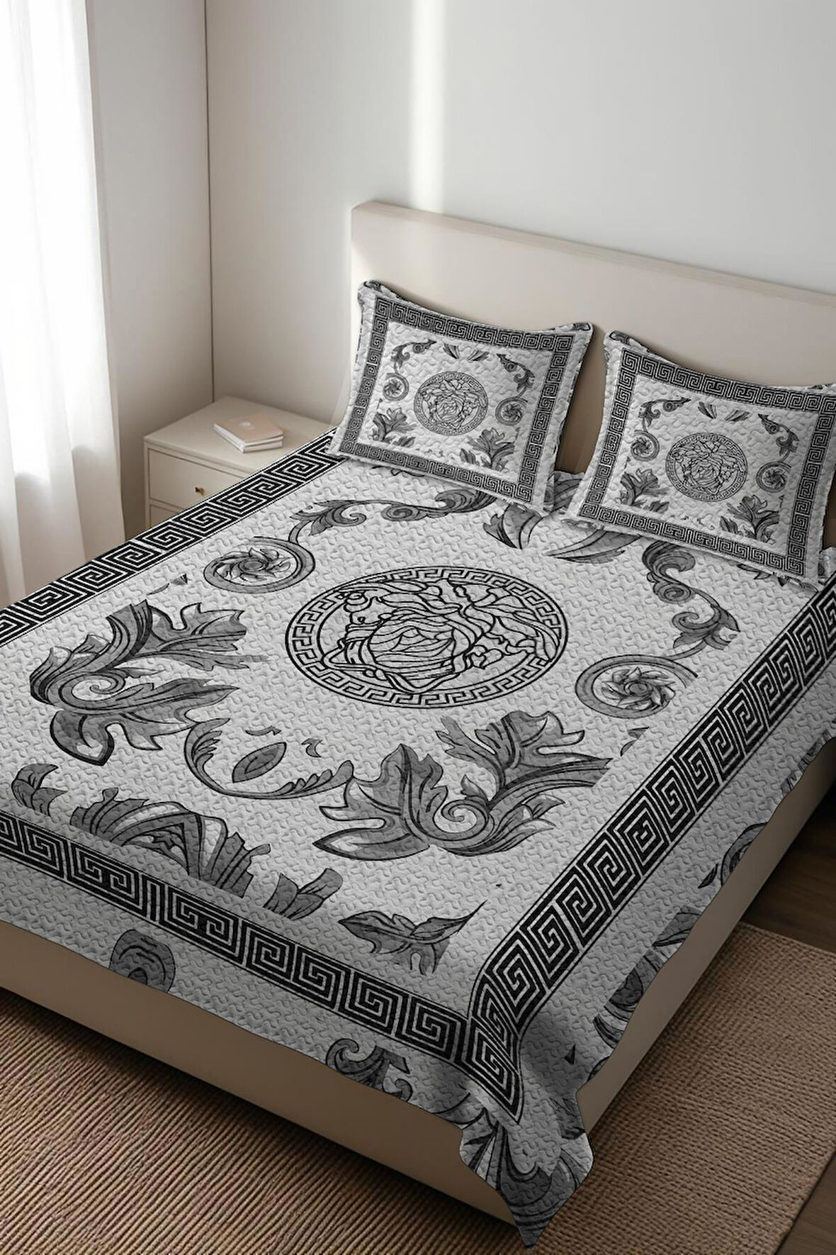 Parlak Kadife Kumaş Kapitoneli Çift Kişilik Yatak Örtüsü Seti (3 Parça) CKY0010