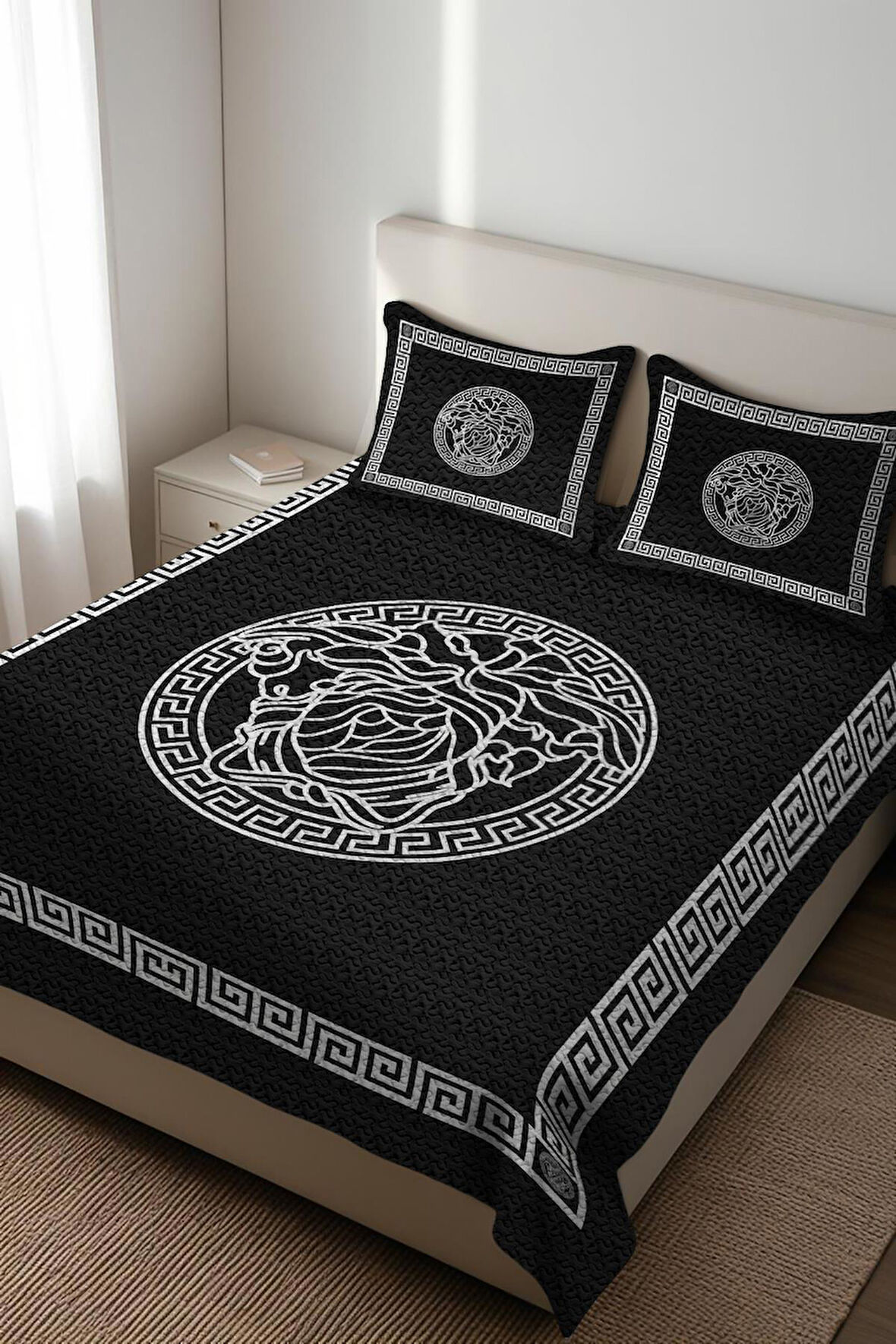 Parlak Kadife Kumaş Kapitoneli Çift Kişilik Yatak Örtüsü Seti (3 Parça) CKY0012