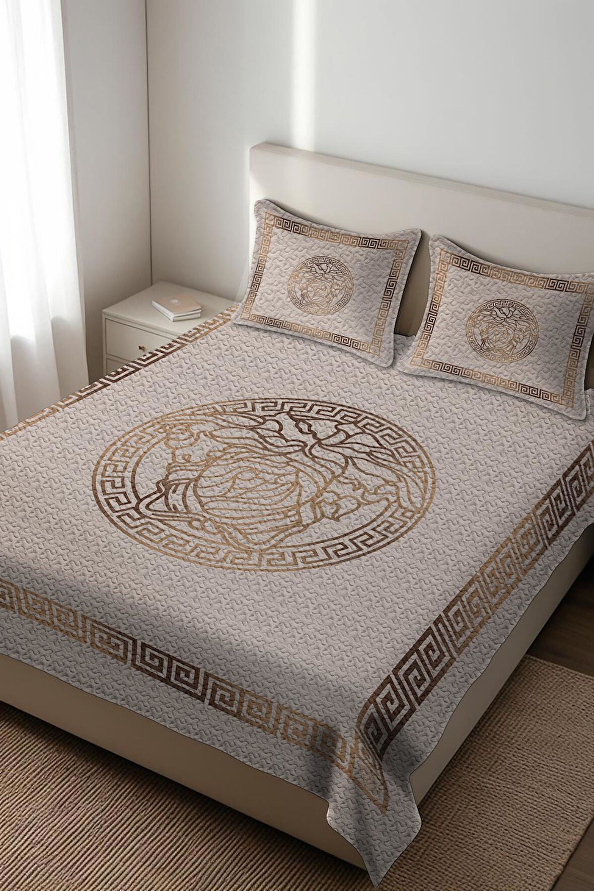 Parlak Kadife Kumaş Kapitoneli Çift Kişilik Yatak Örtüsü Seti (3 Parça) CKY0013