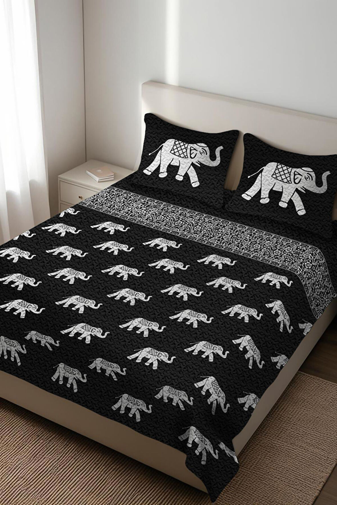 Parlak Kadife Kumaş Kapitoneli Çift Kişilik Yatak Örtüsü Seti (3 Parça) CKY0019