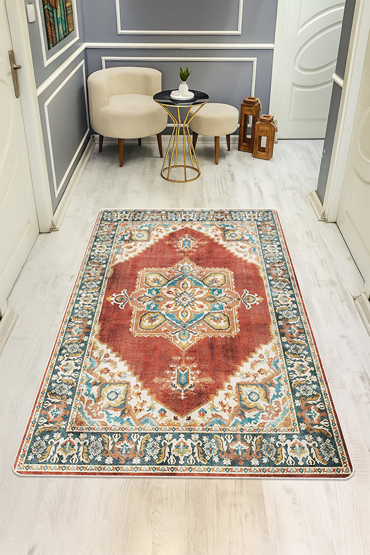 Parlak Kadife Kumaş VINTAGE Dijital Baskı Dot Kaymaz Tabanlı Halı H0827