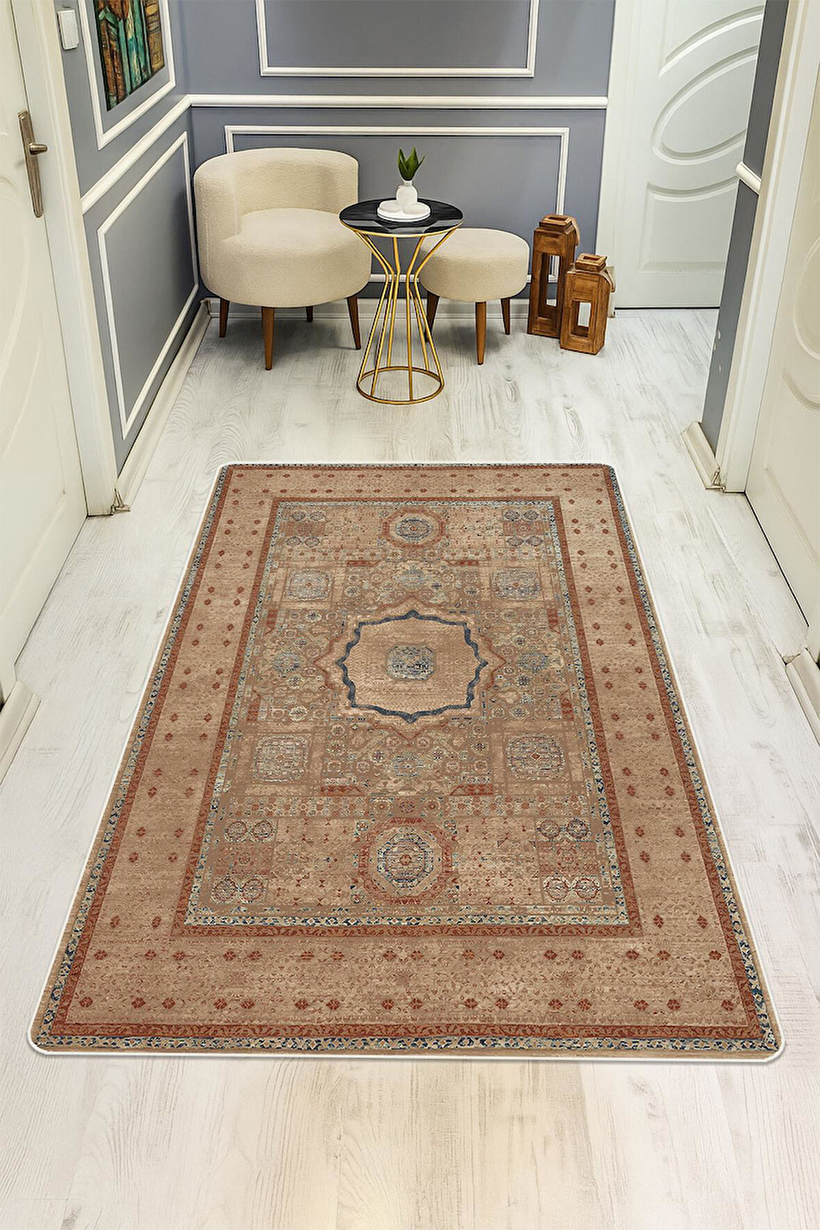 Parlak Kadife Kumaş Klasik Dijital Baskı Dot Kaymaz Tabanlı Halı H1068