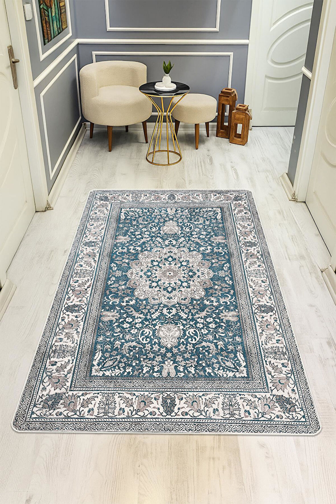 Parlak Kadife Kumaş Dijital Baskı Klasik Desenli Dot Kaymaz Tabanlı Halı H0823