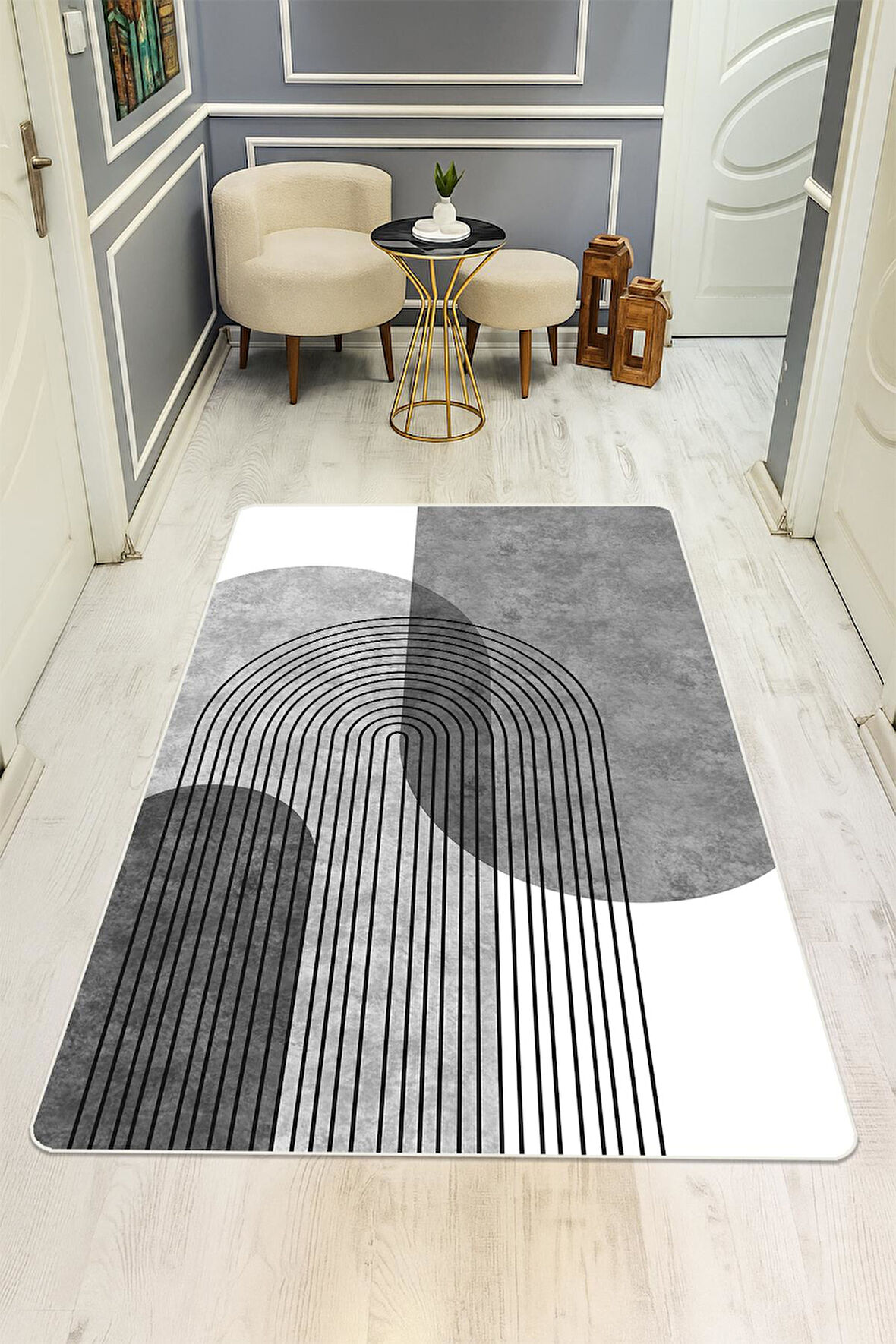 MODERN Desenli Süngerli Kaymaz Dot Taban Dijital Baskı Halı H0824