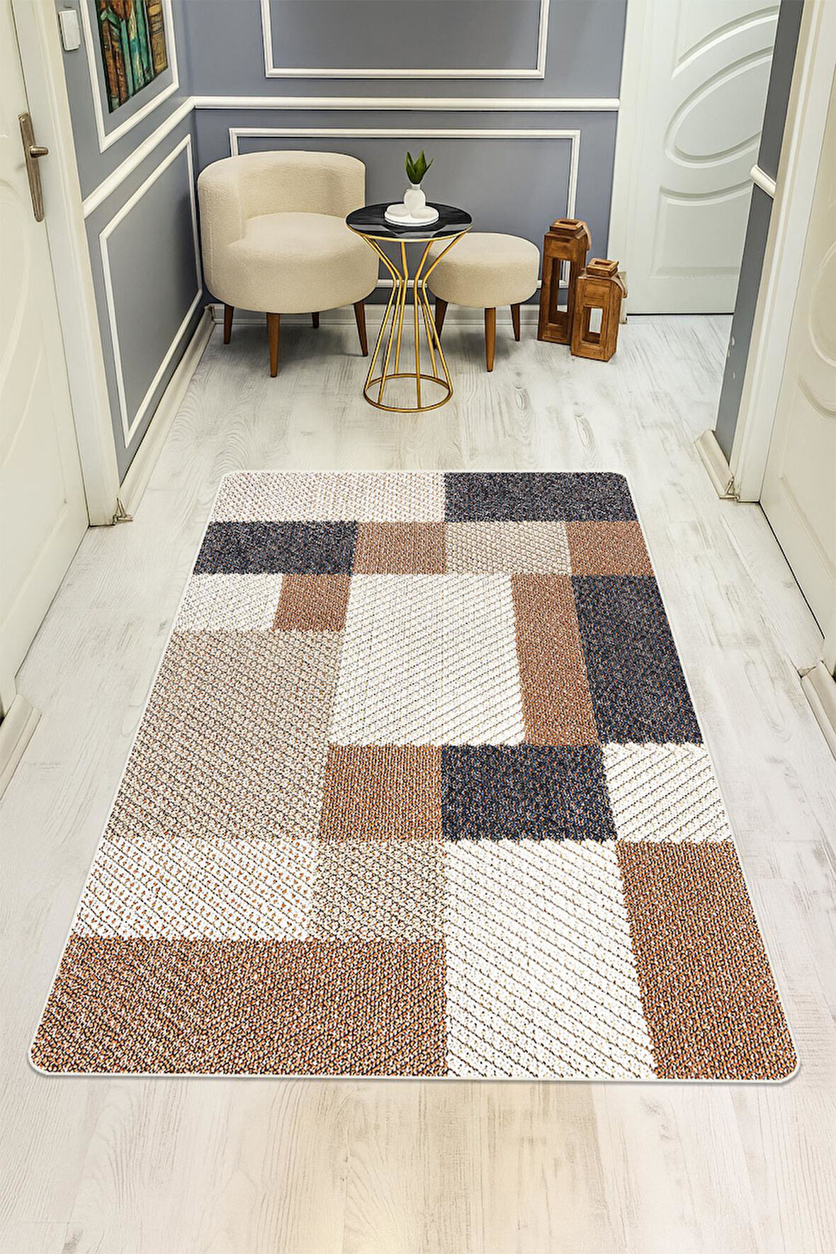 Parlak Kadife Kumaş Dijital Baskı Modern Desenli Dot Kaymaz Tabanlı Halı H1072