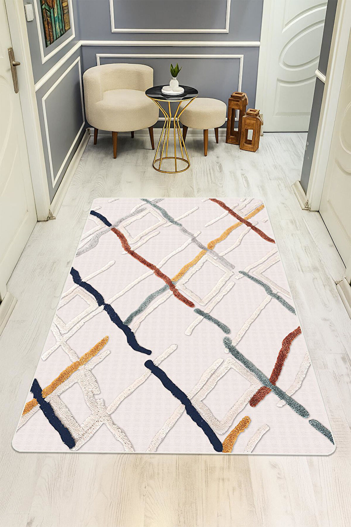 Parlak Kadife Kumaş Dijital Baskı Modern Desenli Dot Kaymaz Tabanlı Halı H1074