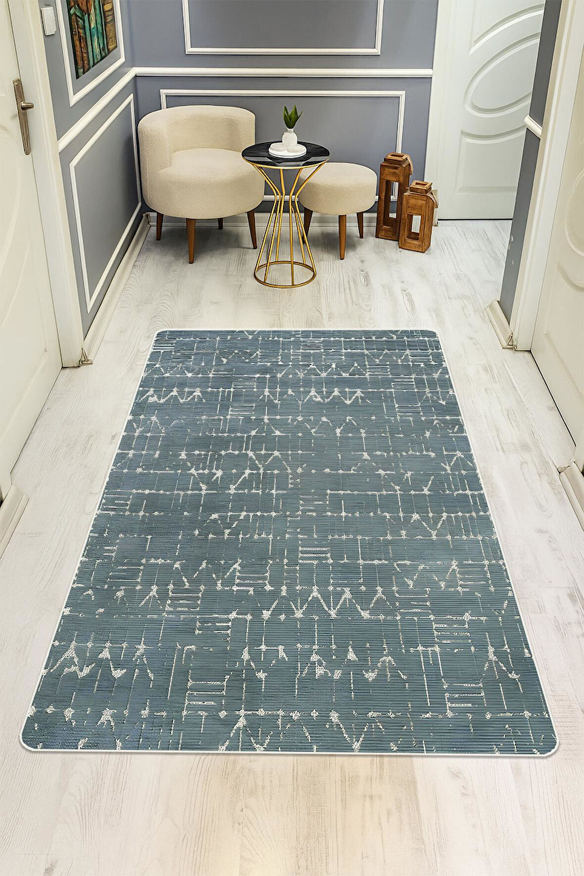 Etnik Desenli Süngerli Kaymaz Dot Taban Dijital Baskı Halı H1070