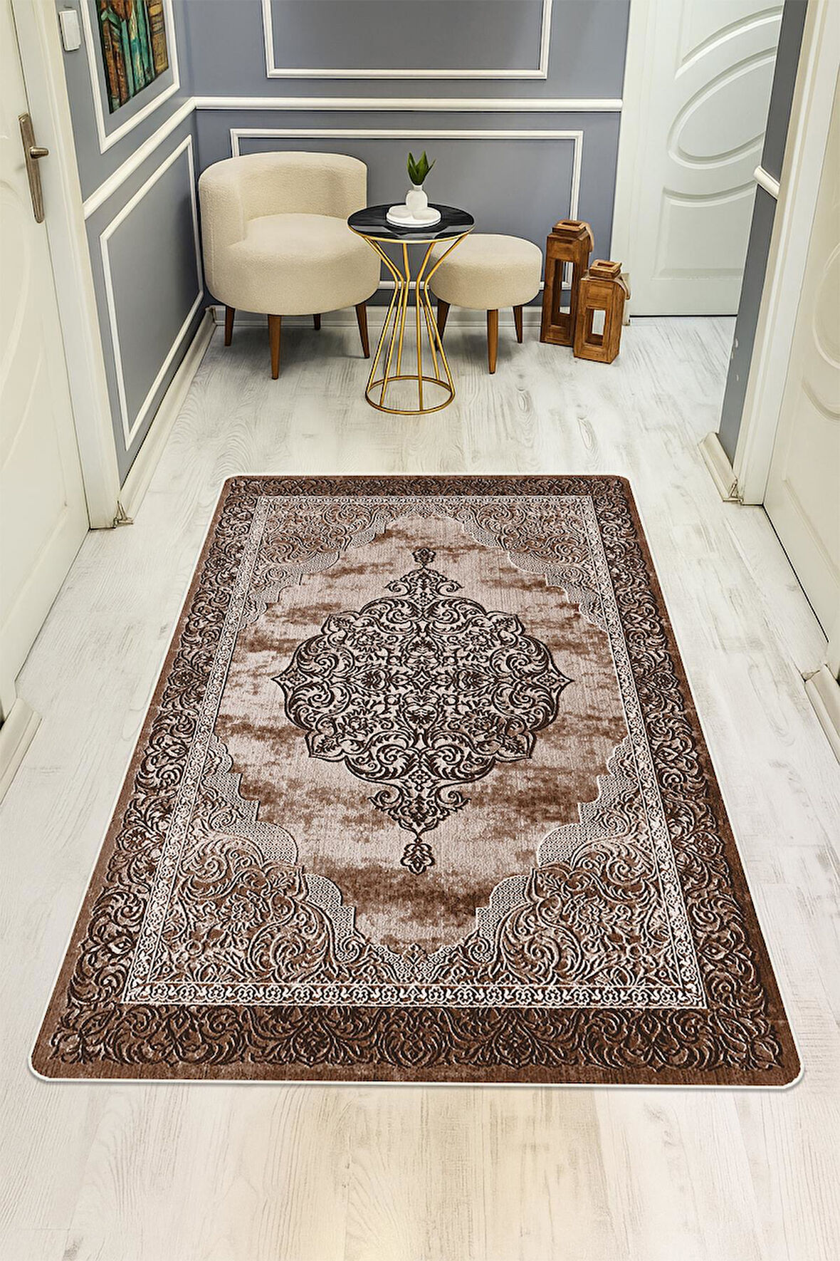 Parlak Kadife Kumaş Dijital Baskı Klasik Desenli Dot Kaymaz Tabanlı Halı H0086