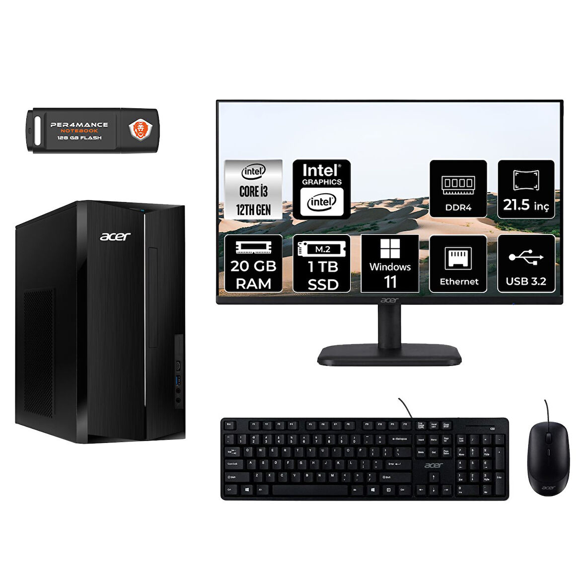 ACER ASPİRE TC1760 MDT004D068 i3 12100 20GB RAM 1TB SSD 21.5" W11H MASAÜSTÜ PC