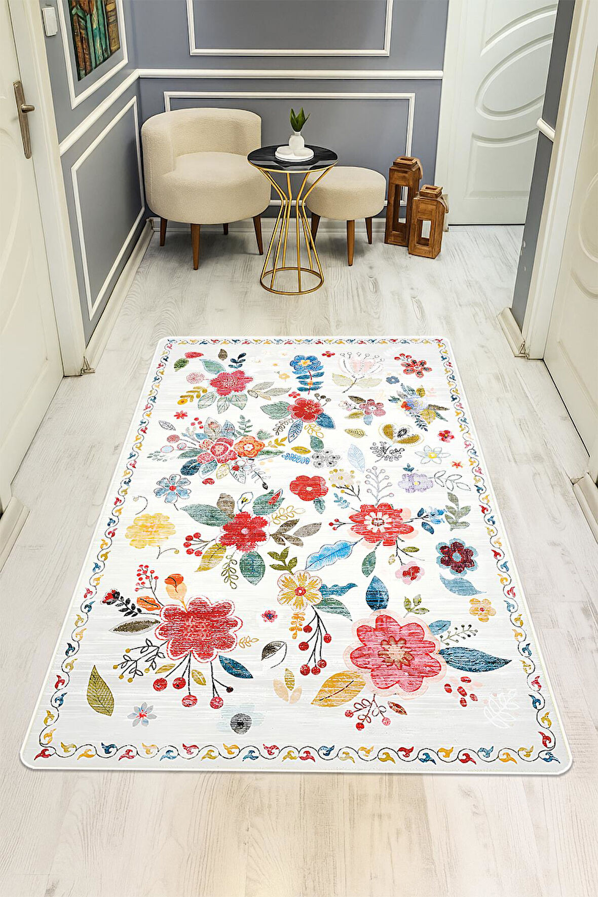 Parlak Kadife Kumaş Dijital Baskı Vintage Desenli Dot Kaymaz Tabanlı Halı H0816