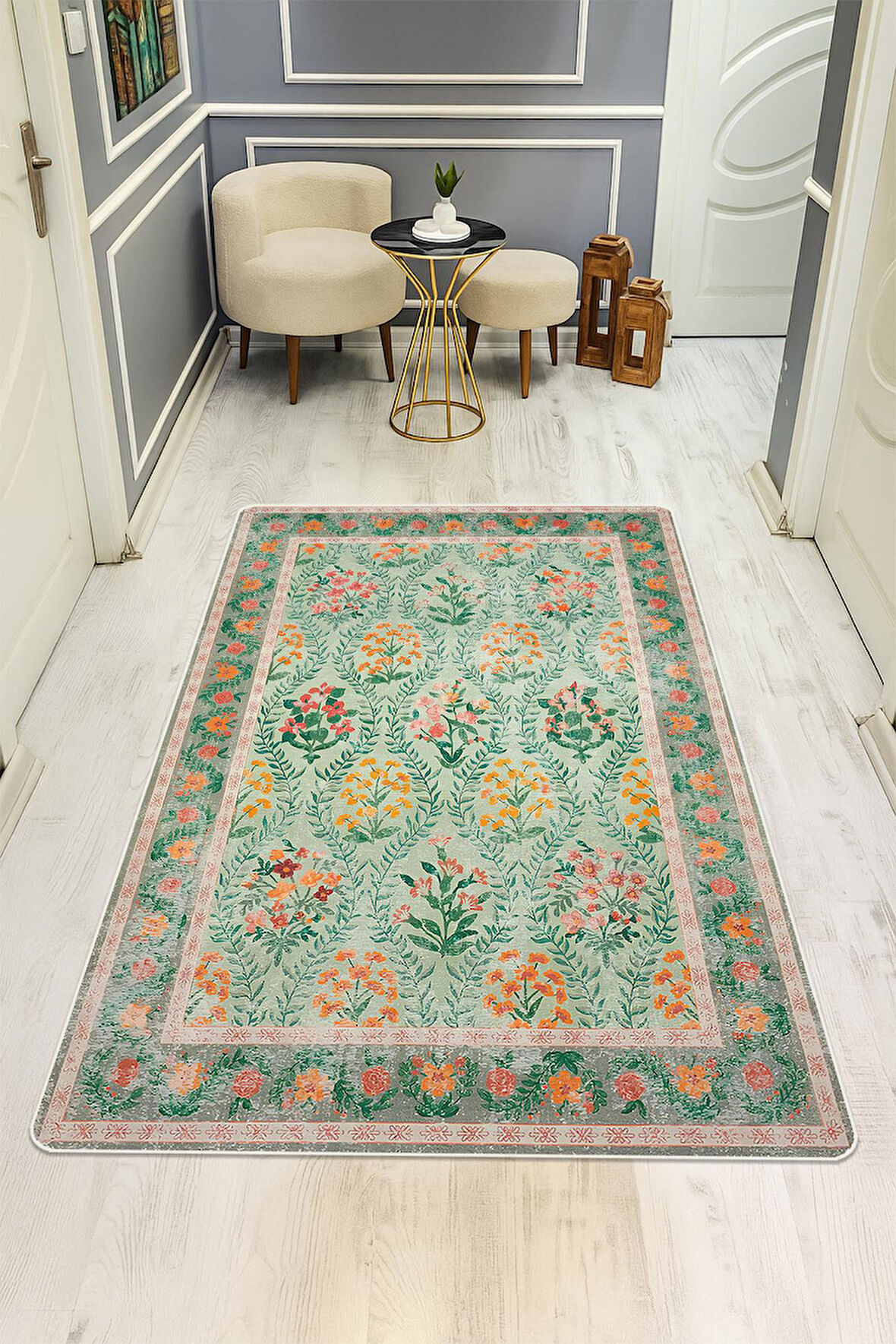 Parlak Kadife Kumaş Dijital Baskı Vintage Desenli Dot Kaymaz Tabanlı Halı H0818