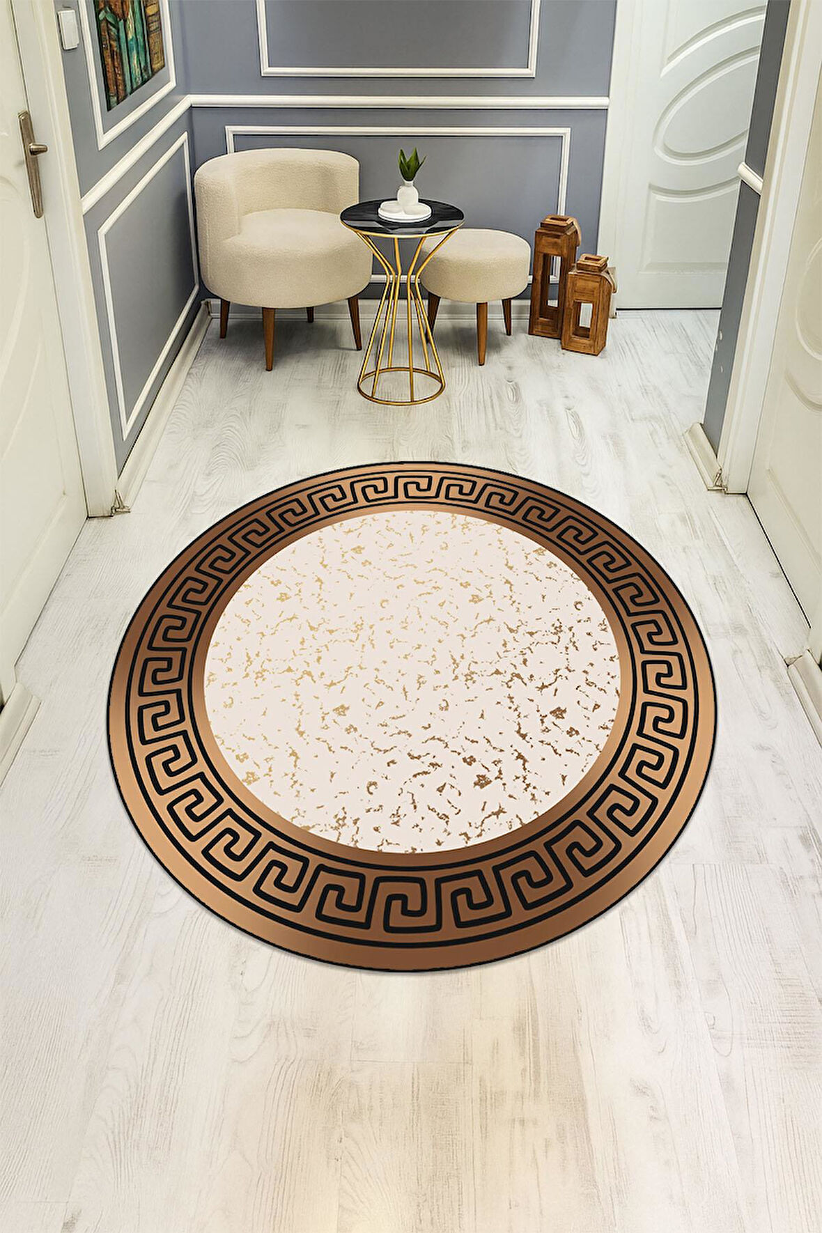  Yuvarlak Dijital Baskı Çerçeveli Modern Desenli Kaymaz Tabanlı Halı H0308