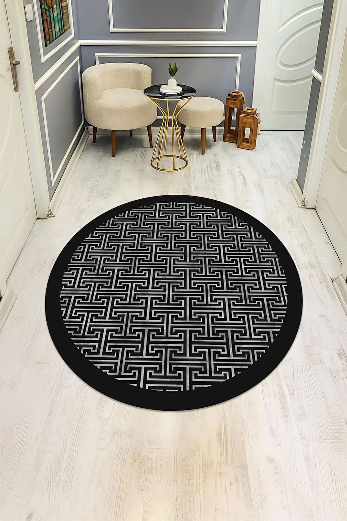  Yuvarlak Dijital Baskı Siyah Modern Desenli Dot Kaymaz Tabanlı Halı H0312