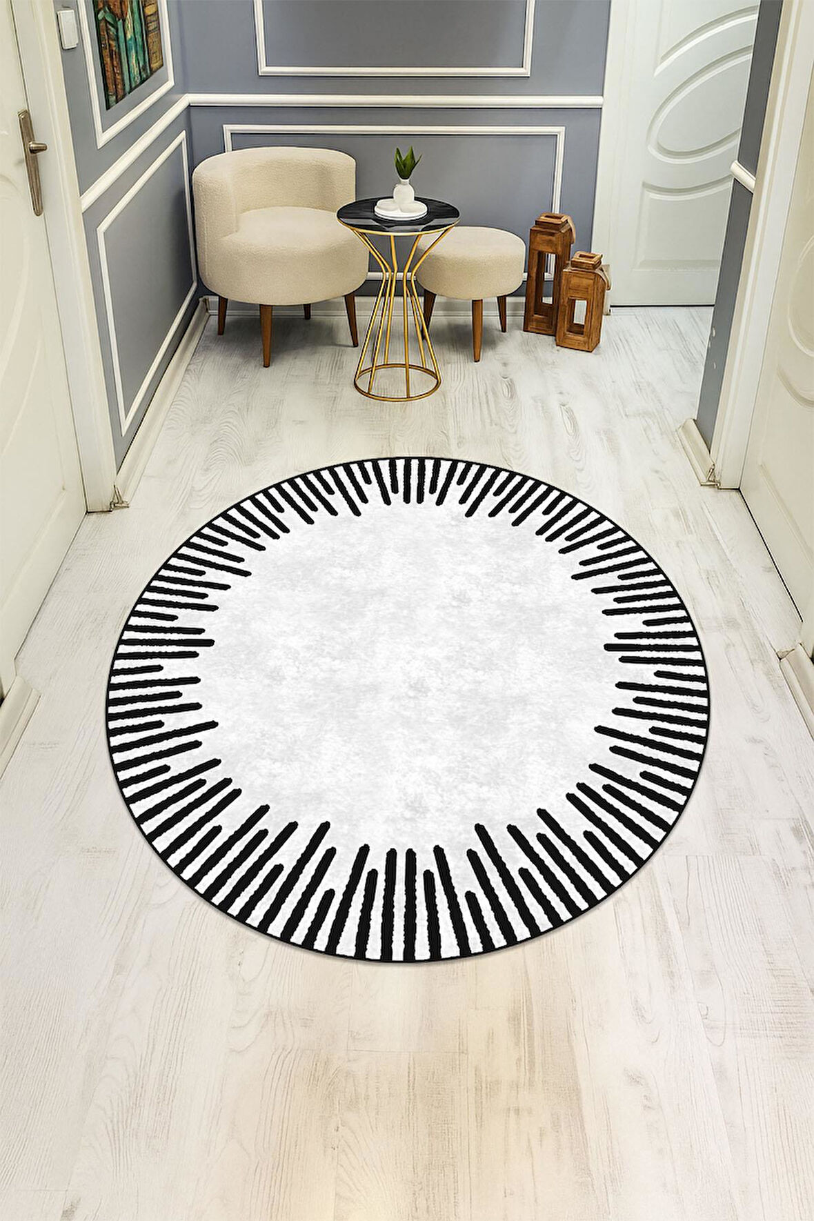  Yuvarlak Dijital Baskı Çerçeveli Modern Desenli Dot Kaymaz Tabanlı Halı H0313