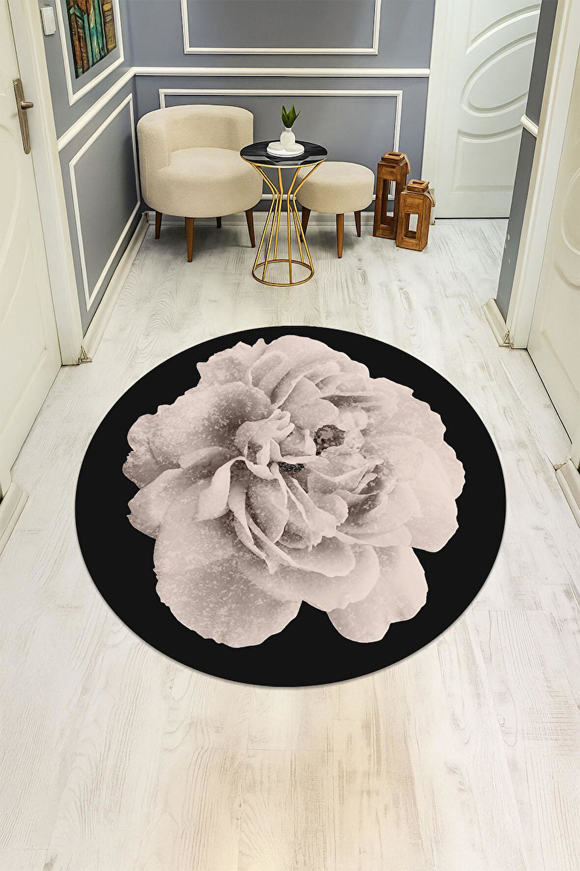  Yuvarlak Dijital Baskı Gül Desenli Dot Kaymaz Tabanlı Halı H0314