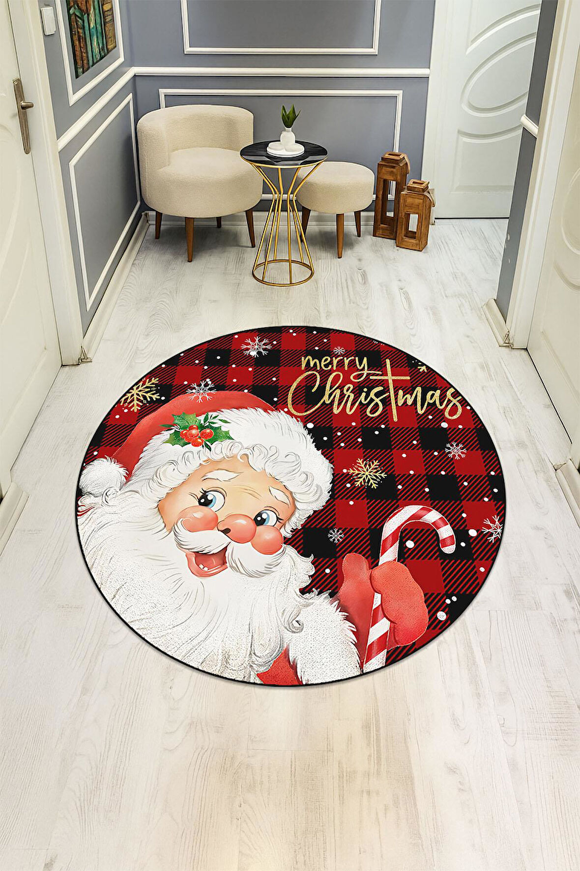 Noel Baba Desenli Yuvarlak Dijital Baskı Kaymaz Tabanlı Halı H0323