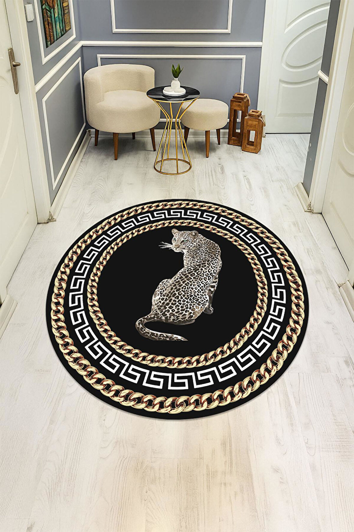 Leopar Modern Desenli Yuvarlak Dijital Baskı Kaymaz Tabanlı Halı H0334