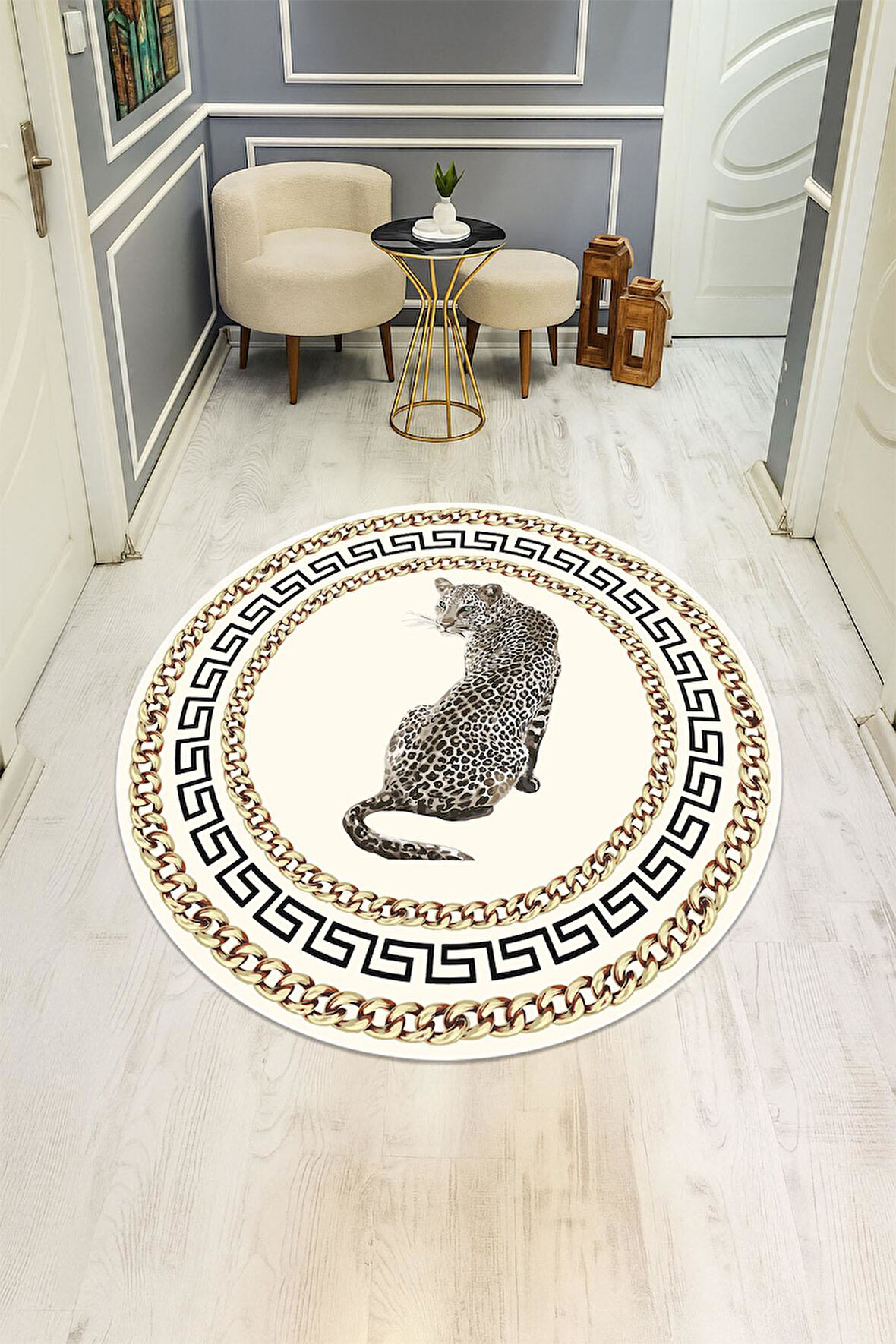 Leopar Modern Desenli Yuvarlak Dijital Baskı Kaymaz Tabanlı Halı H0335
