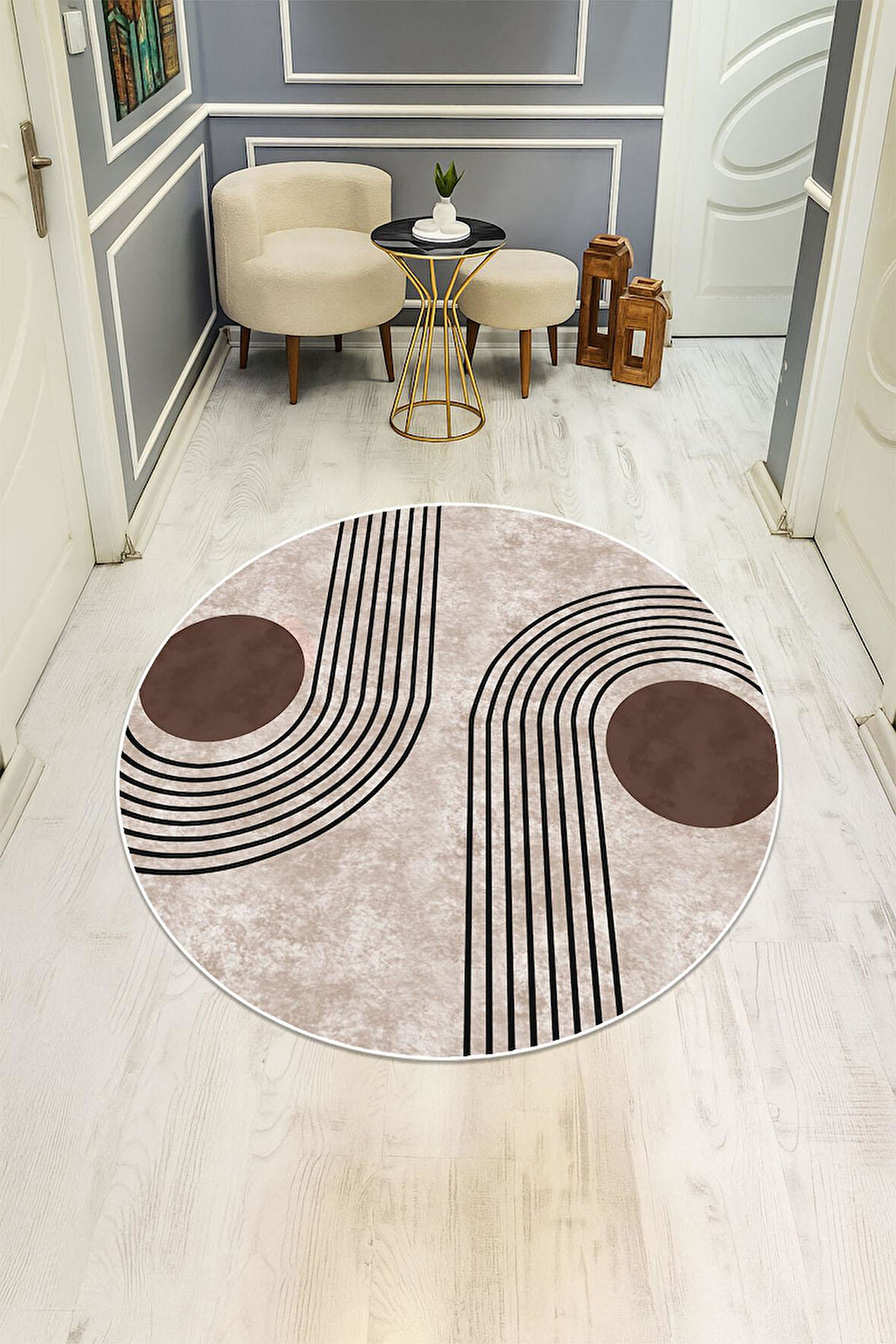 Yuvarlak Modern Desenli Dijital Baskı Kaymaz Tabanlı Halı H0821