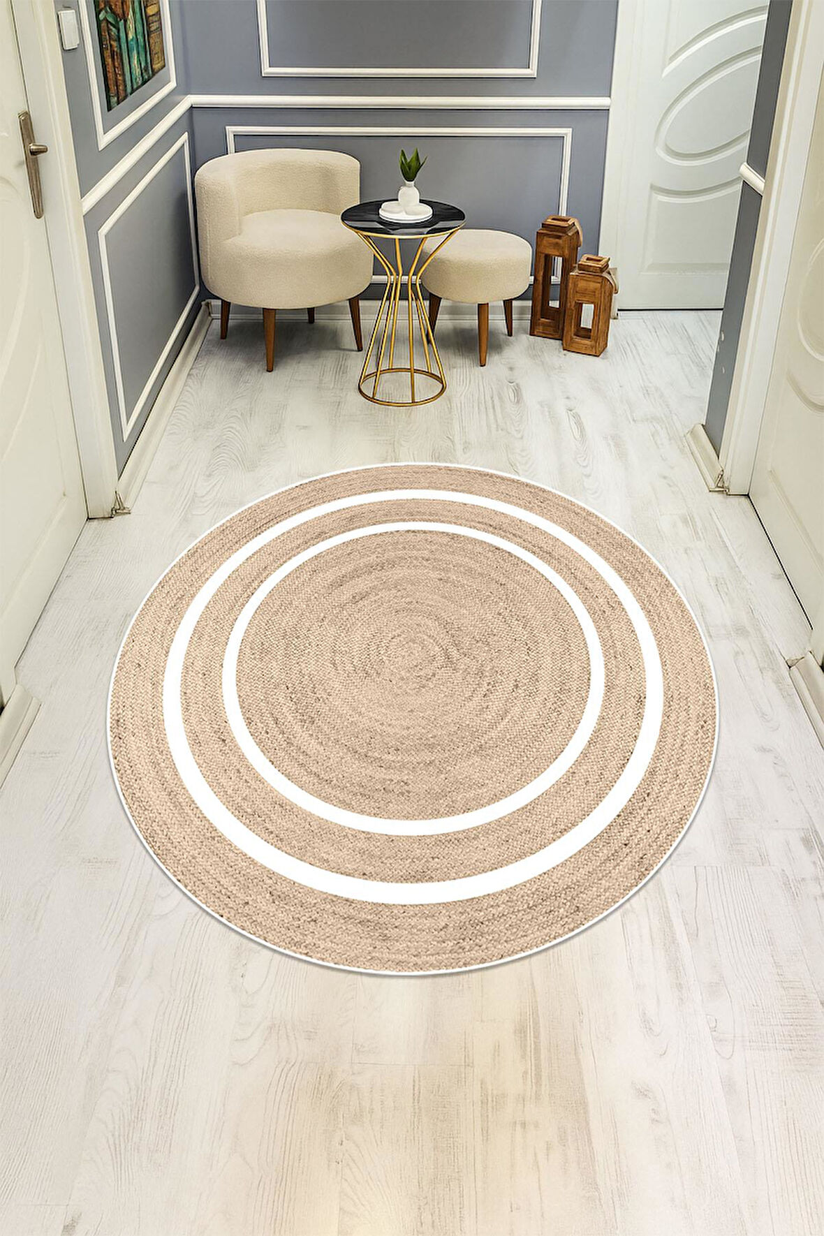 Çerçeveli Hasır Görünümlü Yuvarlak Dijital Baskı Kaymaz Tabanlı Halı H0837