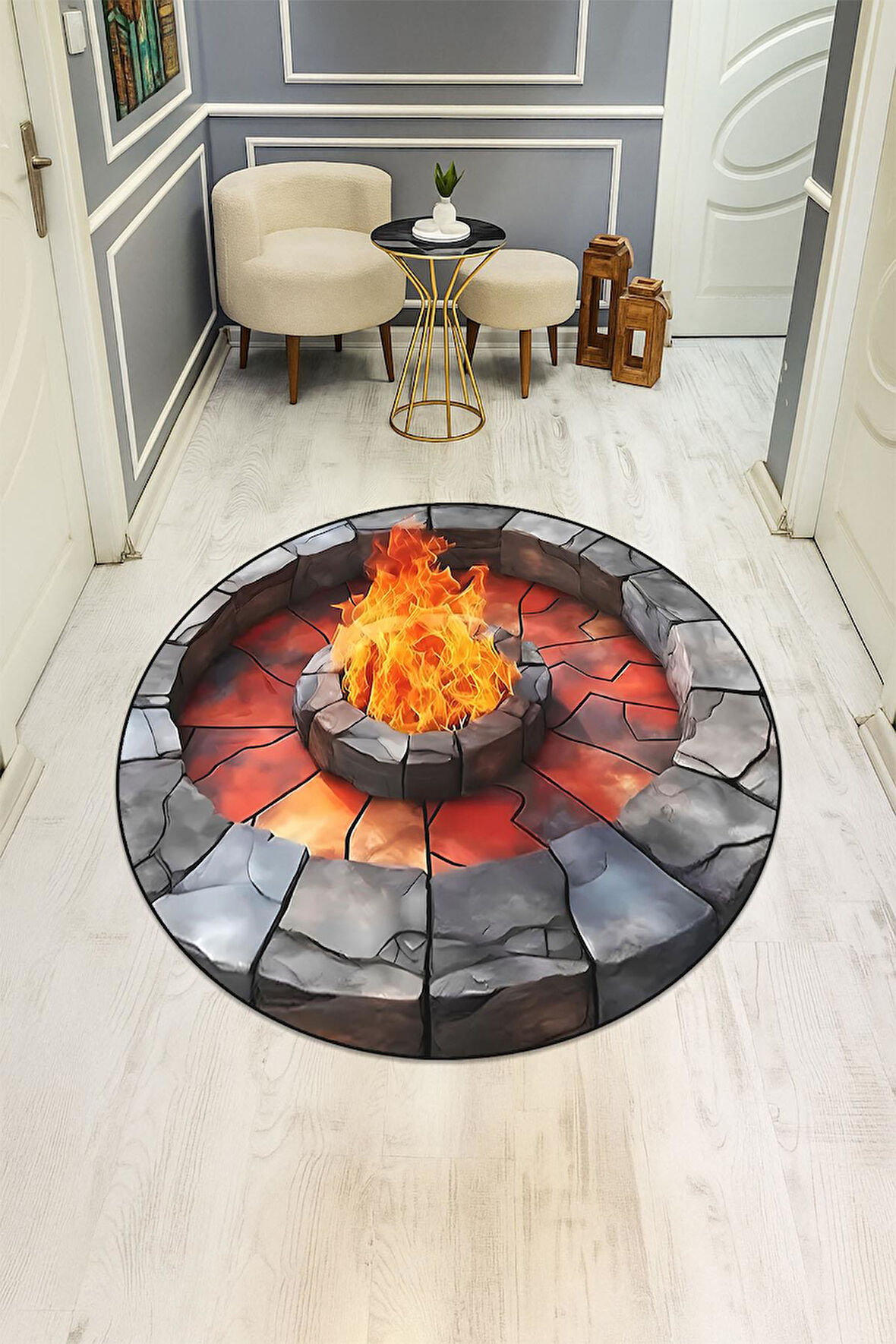 Ateş Çukuru Desenli Yuvarlak Dijital Baskı Kaymaz Tabanlı Halı H0868