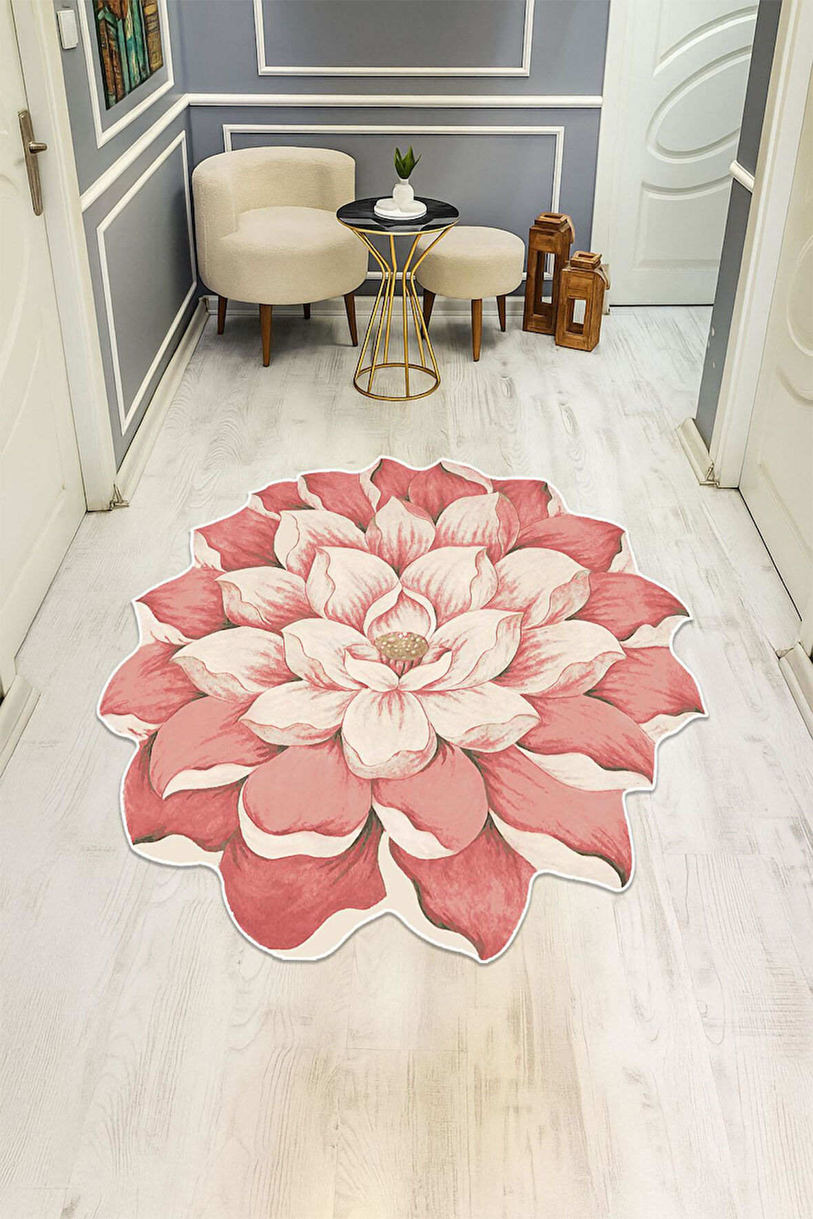 Pembe Lazer Çiçek Desenli Dijital Baskı Kaymaz Tabanlı Halı H0432