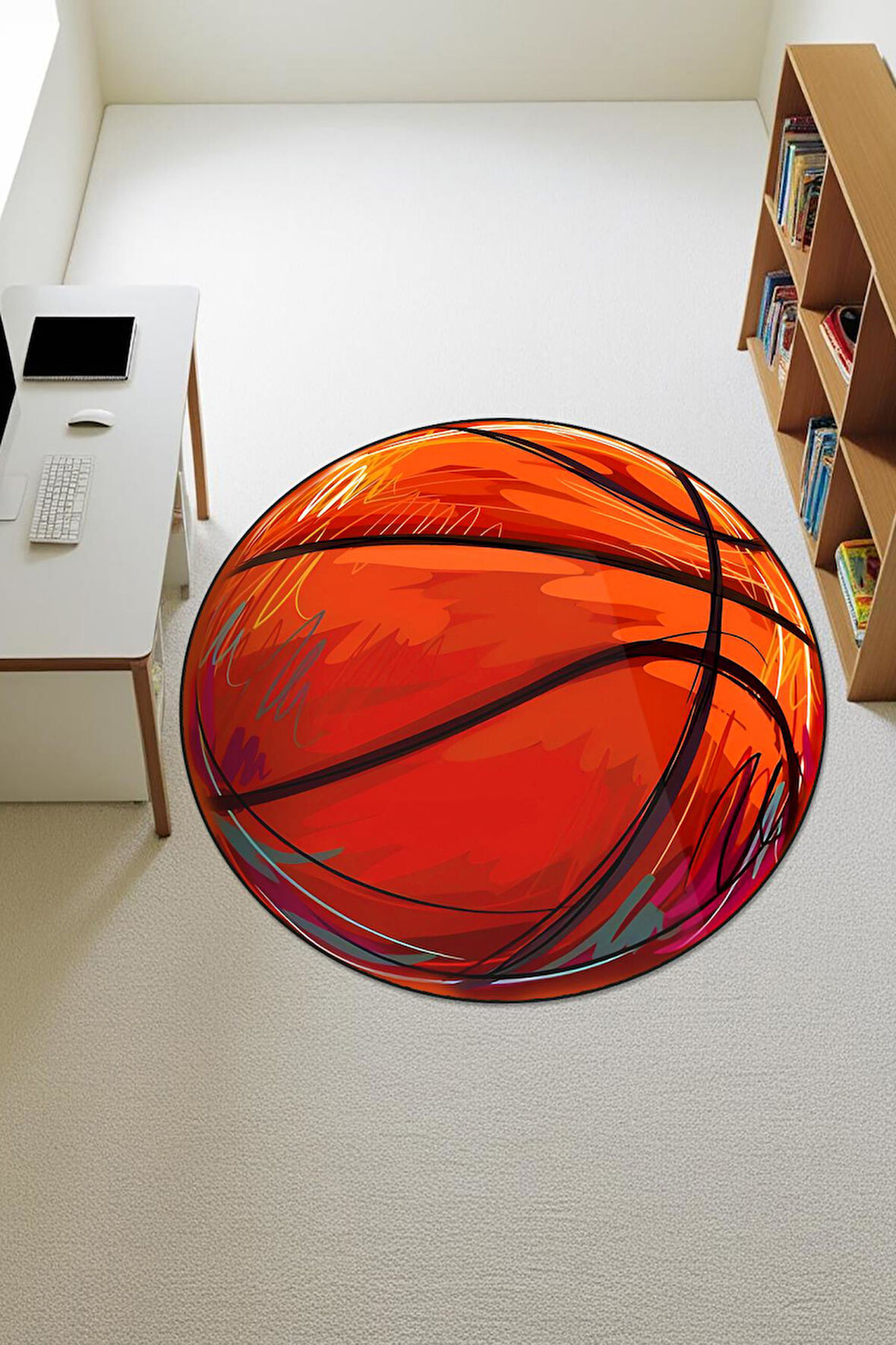 Basket Topu Desenli Yuvarlak Dijital Baskı Kaymaz Tabanlı Çocuk ve Genç Odası Halısı H0385
