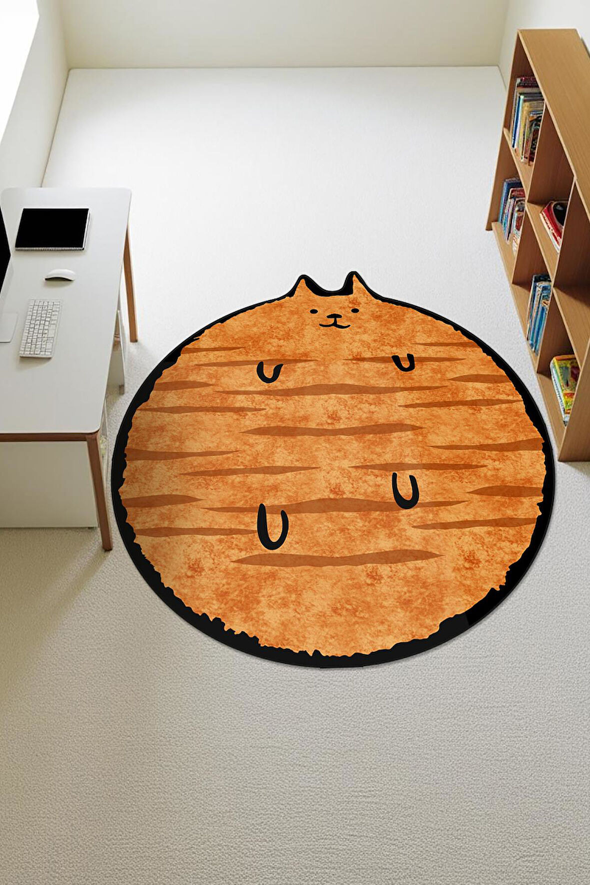 Kedi Desenli Yuvarlak Dijital Baskı Kaymaz Tabanlı Halı H0394