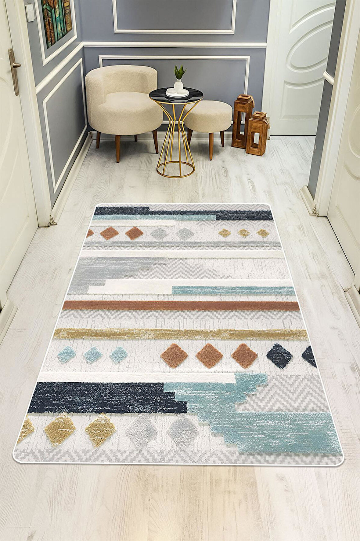 Modern Desenli Dijital Baskı Kaymaz Taban Halı H1114