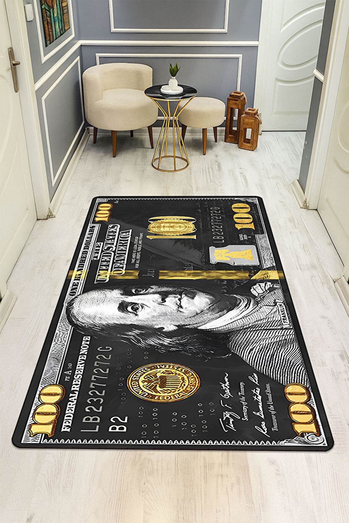 Modern Dolar Desen Dijital Baskı Kaymaz Taban Halı H0296