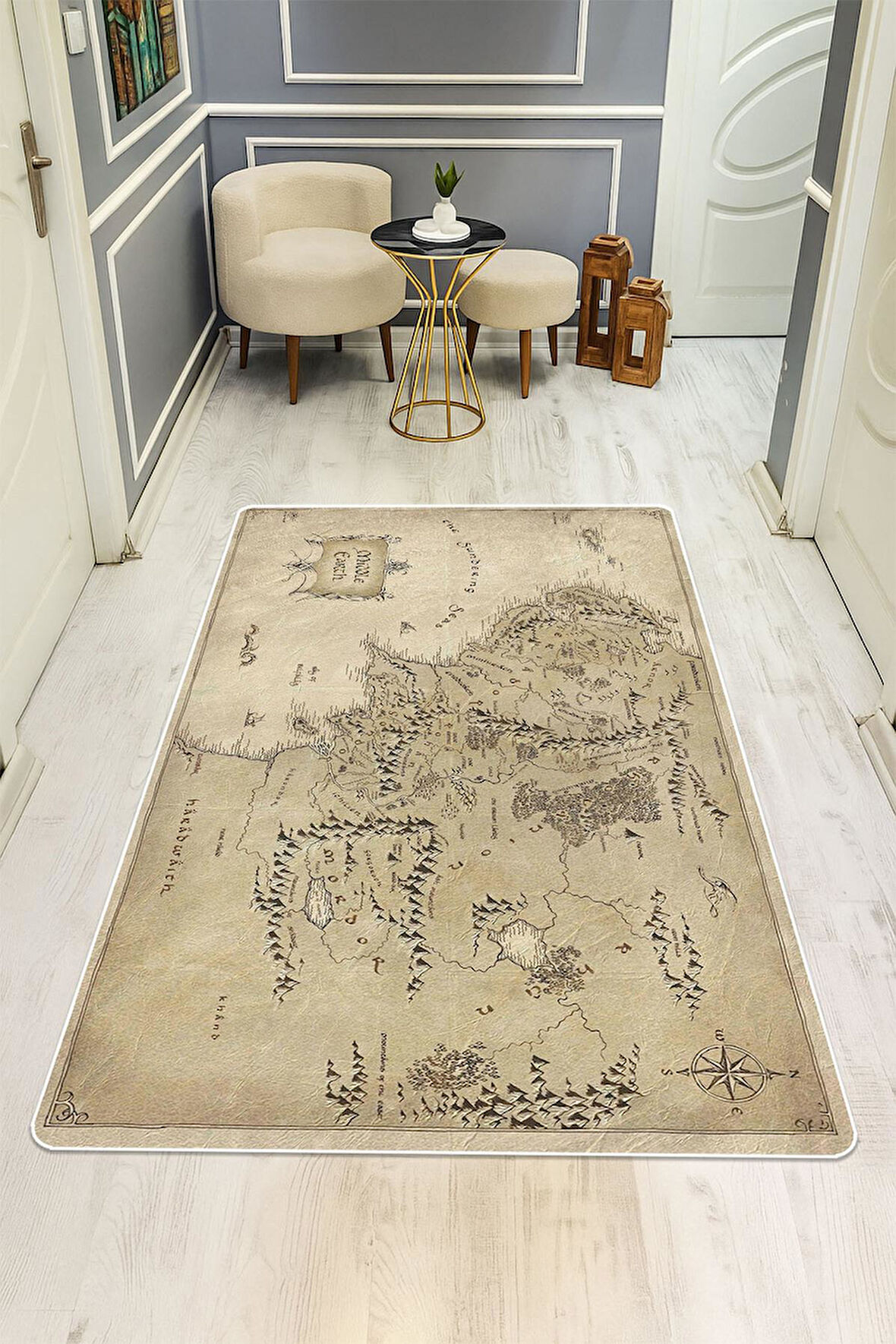 Harita Desenli Dijital Baskı Kaymaz Taban Halı H0696