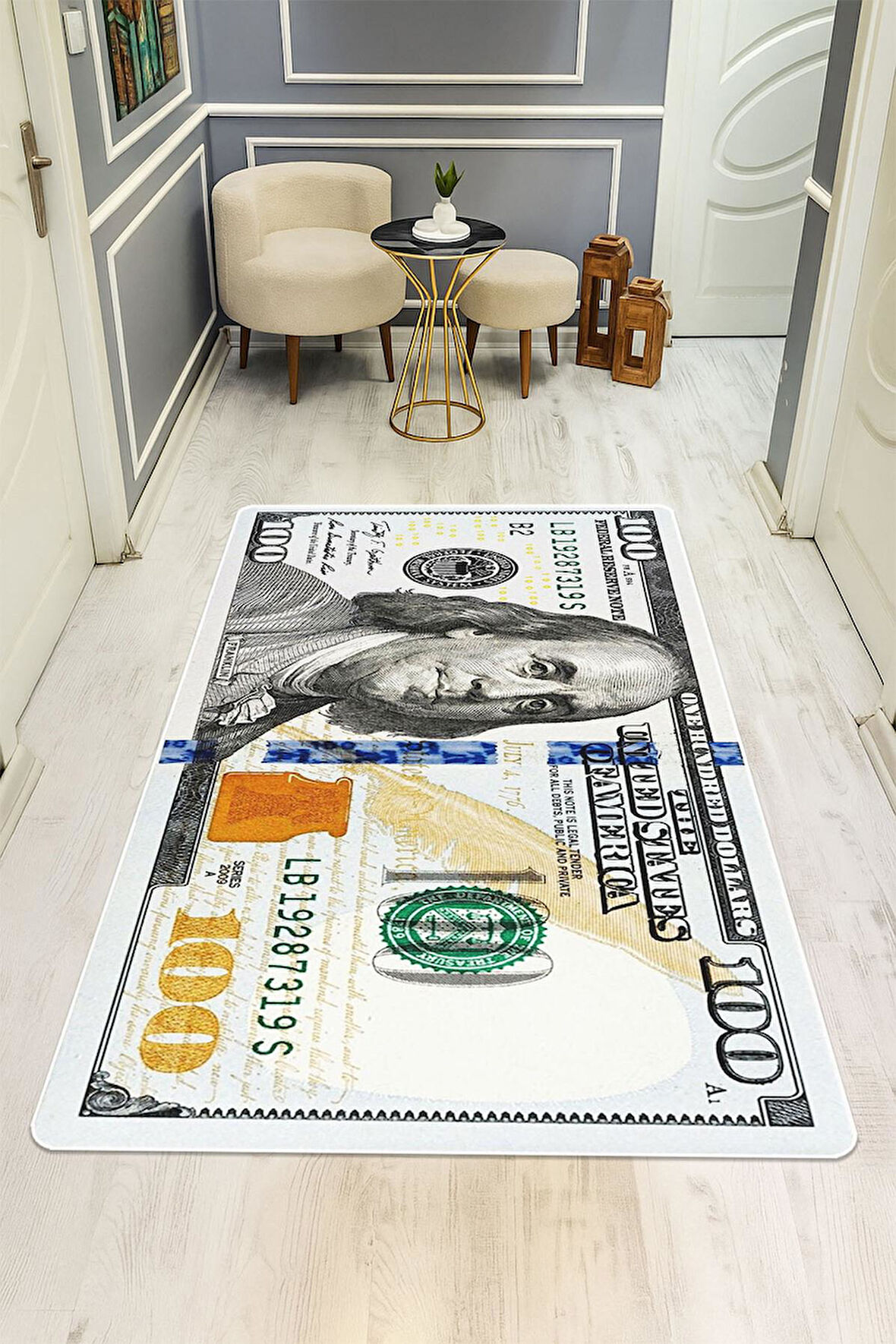 Modern Dolar Desen Dijital Baskı Kaymaz Taban Halı H0167