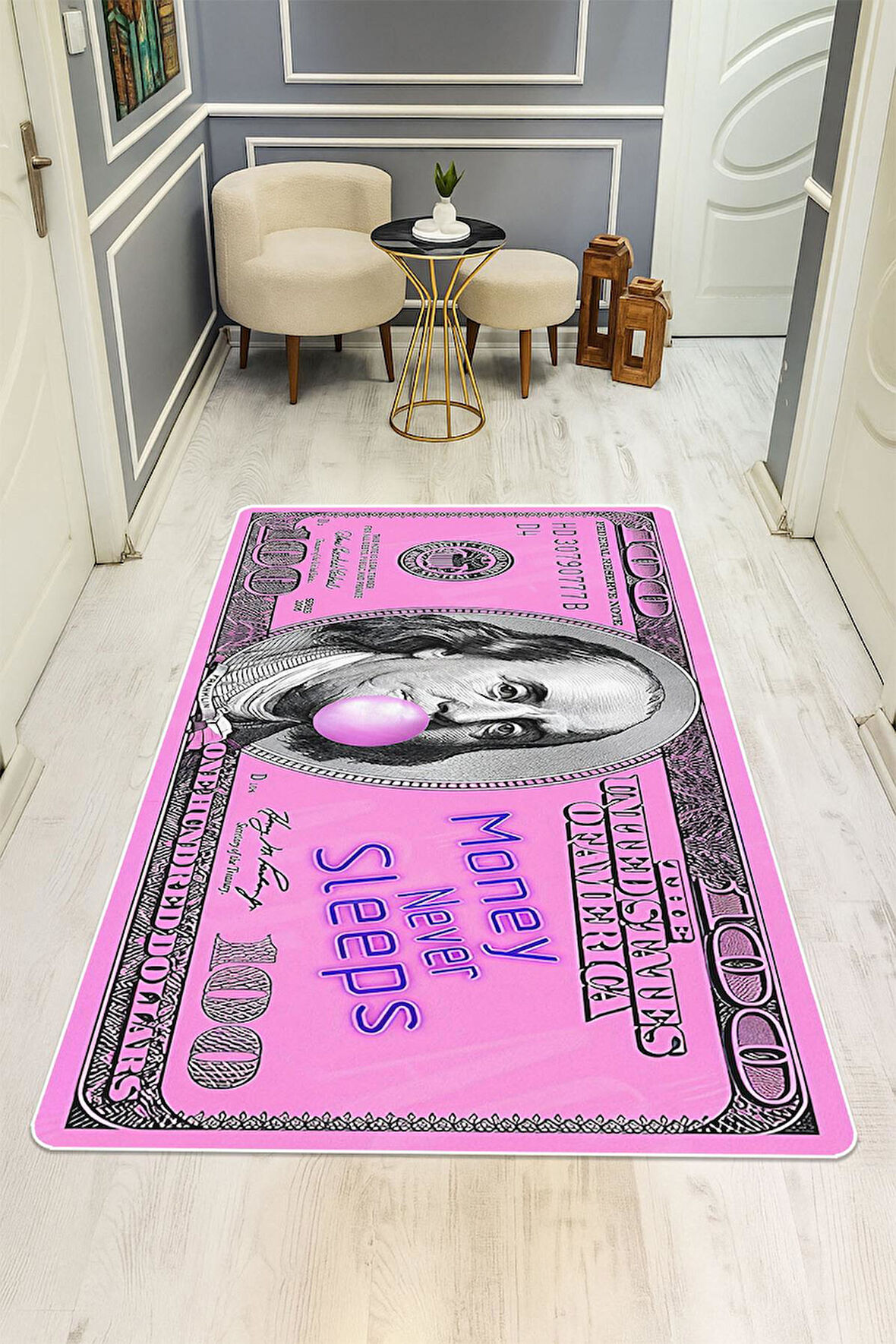 Modern Dolar Desen Dijital Baskı Kaymaz Taban Halı H0168