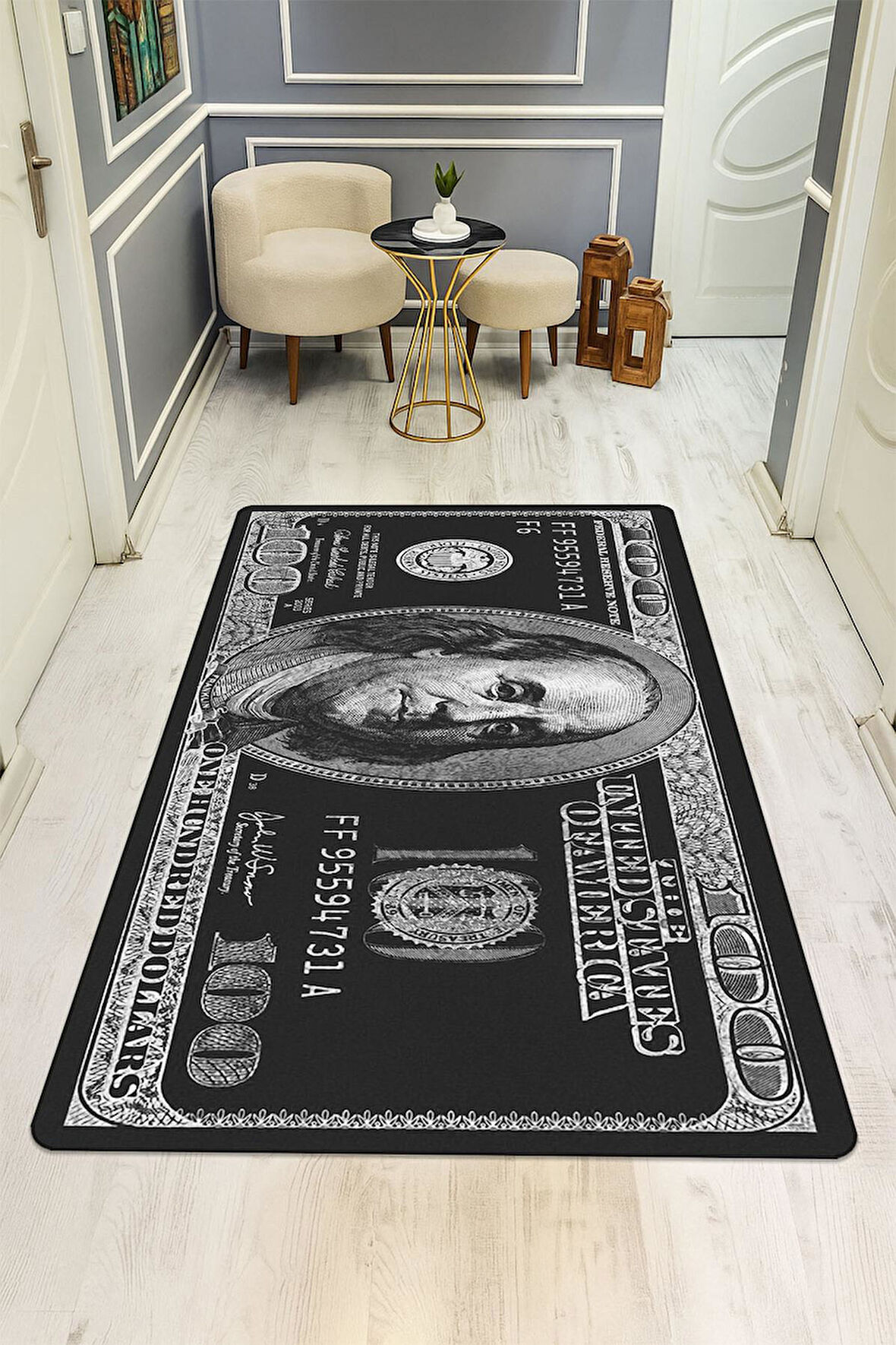 Modern Dolar Desen Dijital Baskı Kaymaz Taban Halı H0169