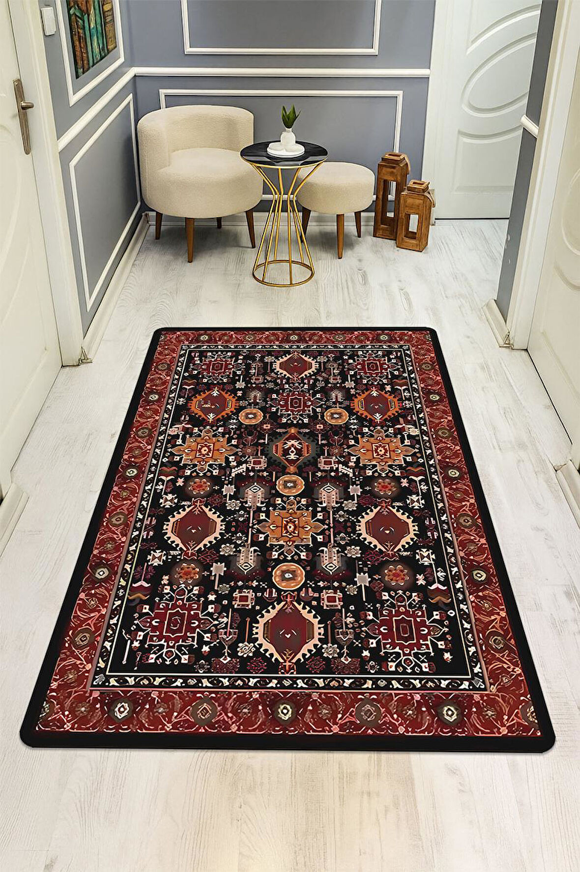 Vintage Desen Dijital Baskı Kaymaz Taban Halı H1049