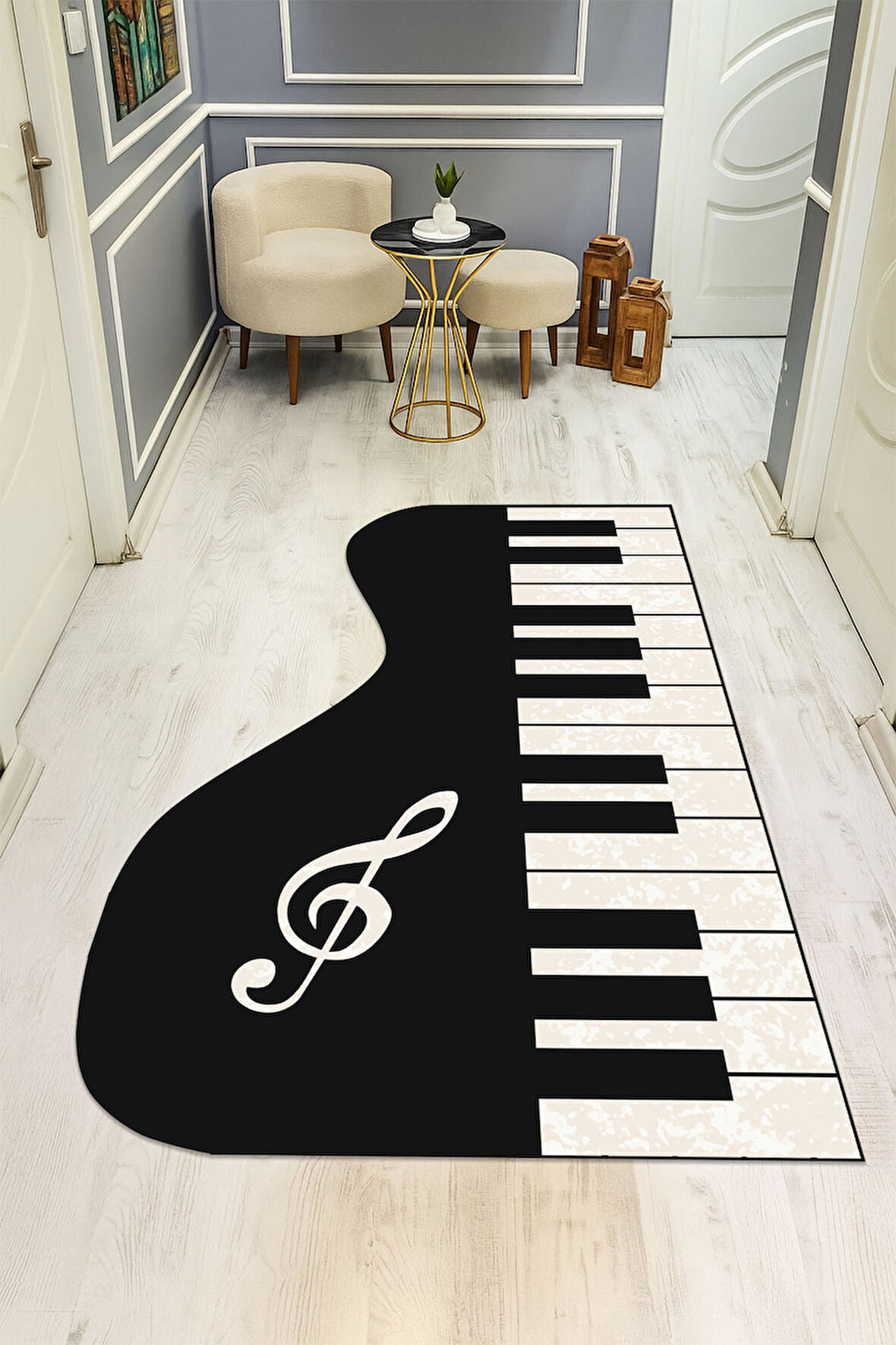 Piano Desenli Lazer Kesim Dijital Baskı Kaymaz Taban Halı H0448