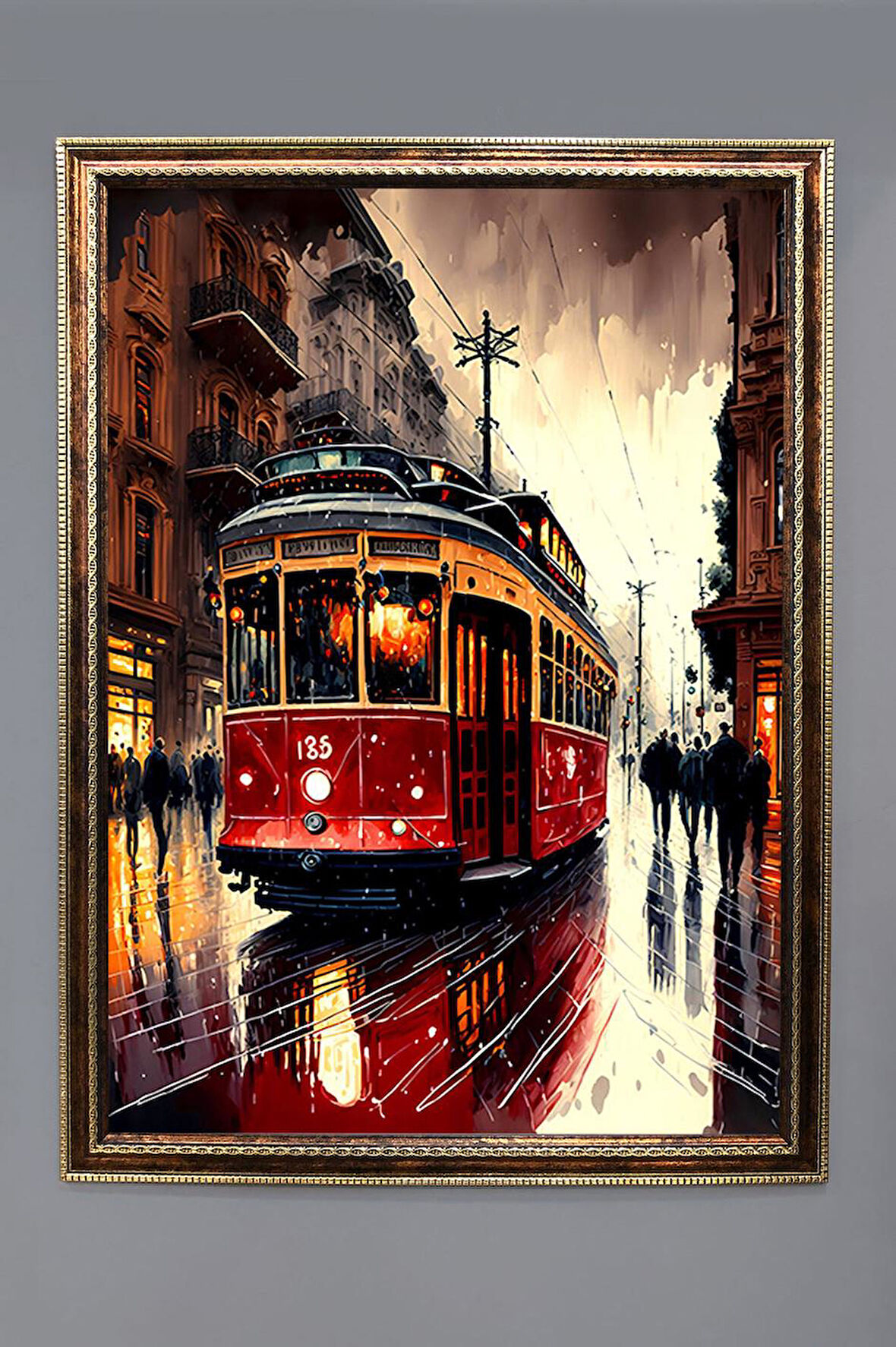 Kırmızı Tramvay Desenli Dijital Baskılı Kadife Kumaş Çerçeveli Tablo TBL0052