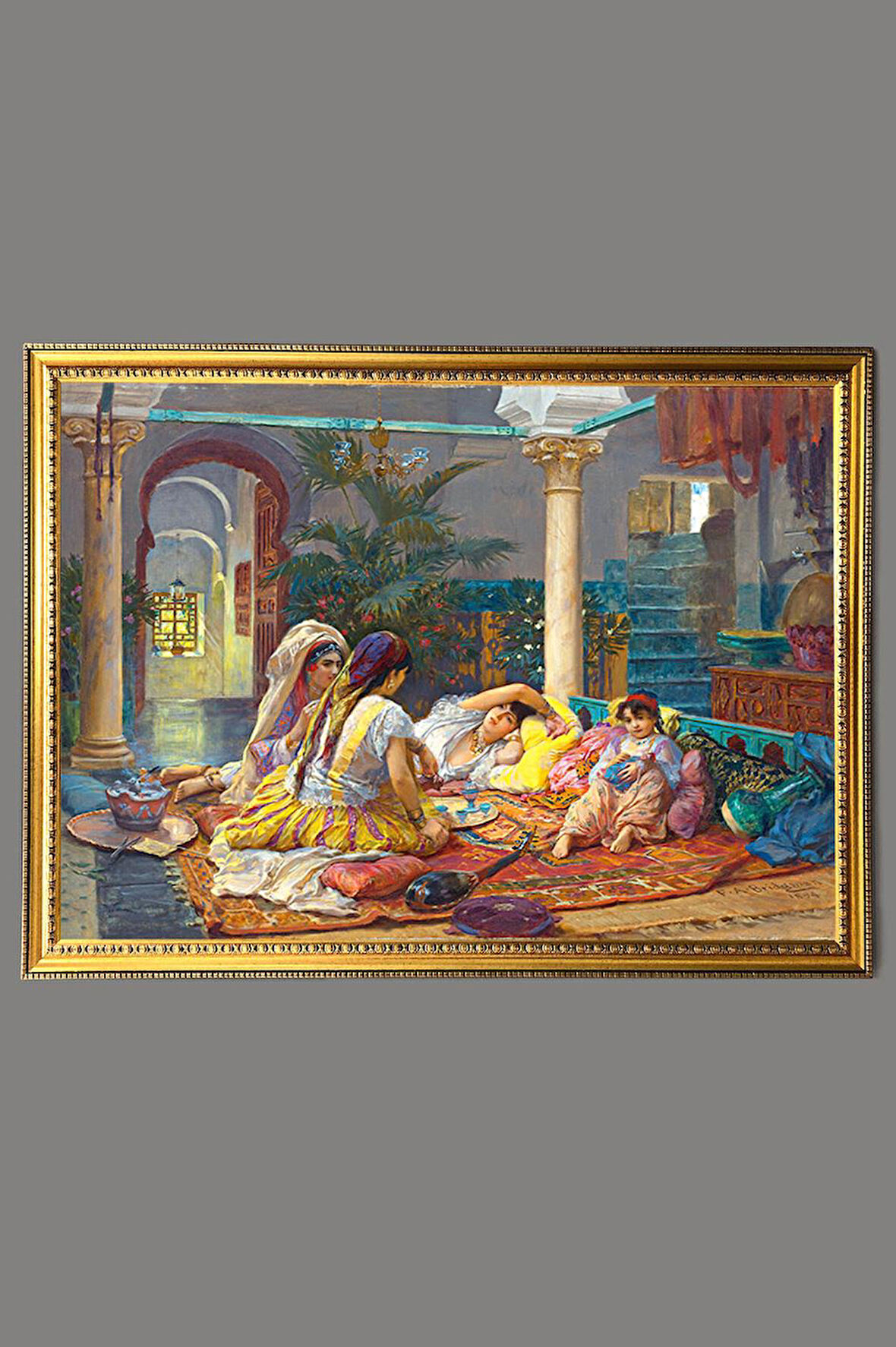 Haremde Yaşam Desenli Dijital Baskılı Kadife Kumaş Çerçeveli Tablo TBL0066