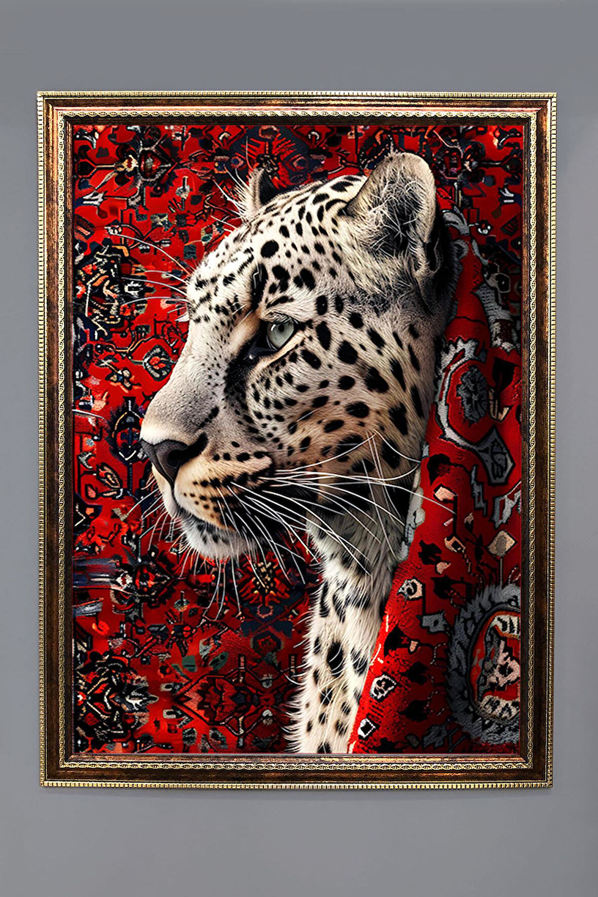 İran Halısına Sarılmış Leopar Desenli Dijital Baskılı Kadife Kumaş Çerçeveli Tablo TBL0026