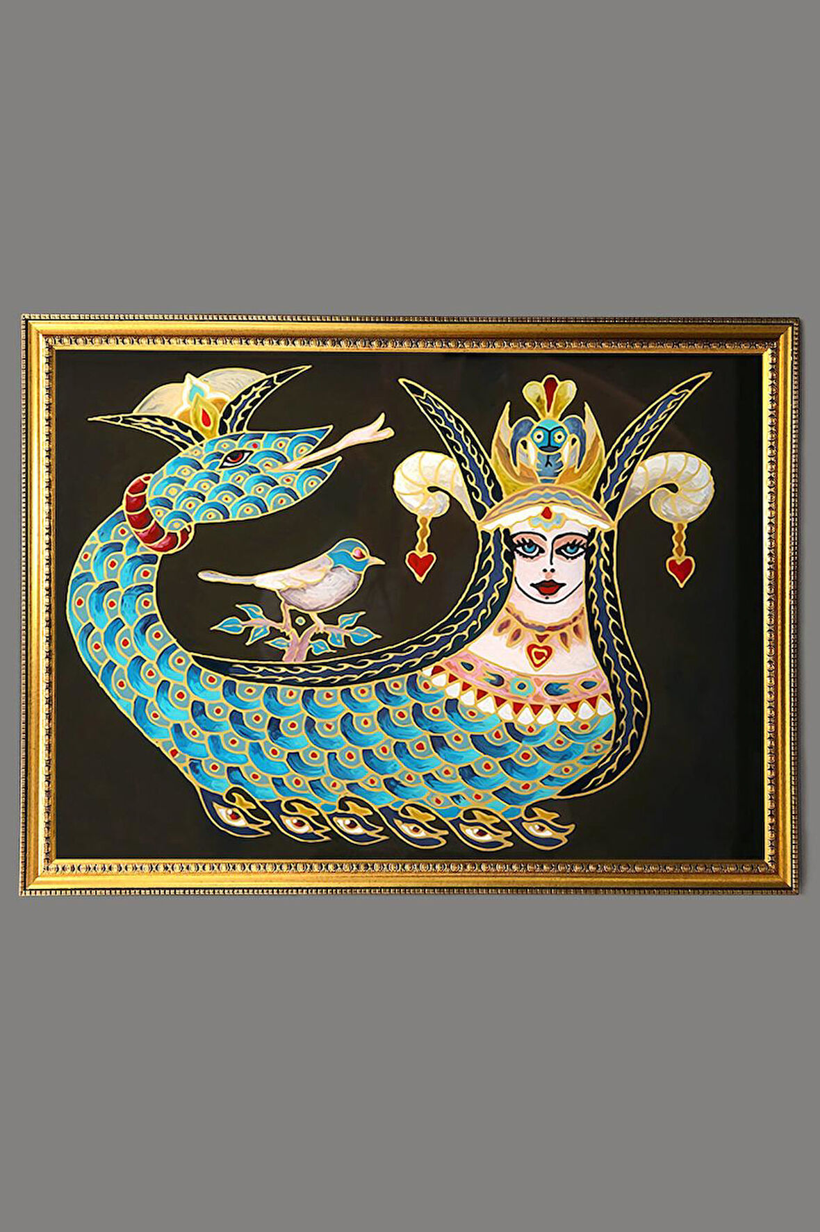 Şahmaran Desenli Dijital Baskılı Kadife Kumaş Çerçeveli Tablo TBL0034