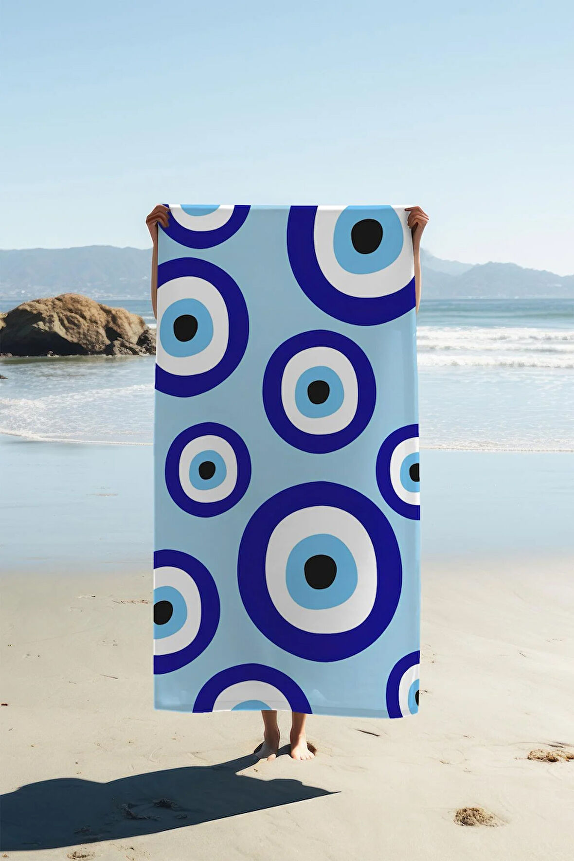 Dijital Baskı Plaj Deniz Havlusu Nazar Boncuğu Desenli Peştamal HVL0208