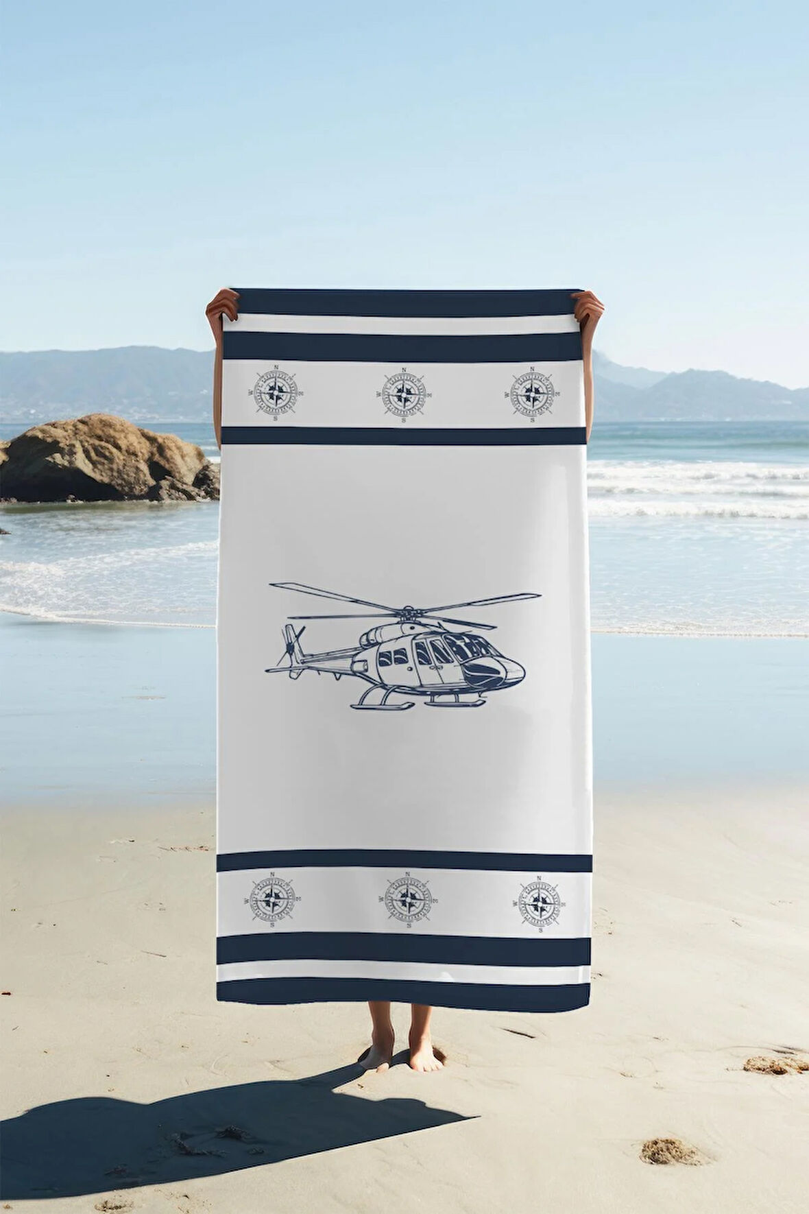 Dijital Baskı Plaj Deniz Havlusu Helikopter Desenli Peştamal HVL0227