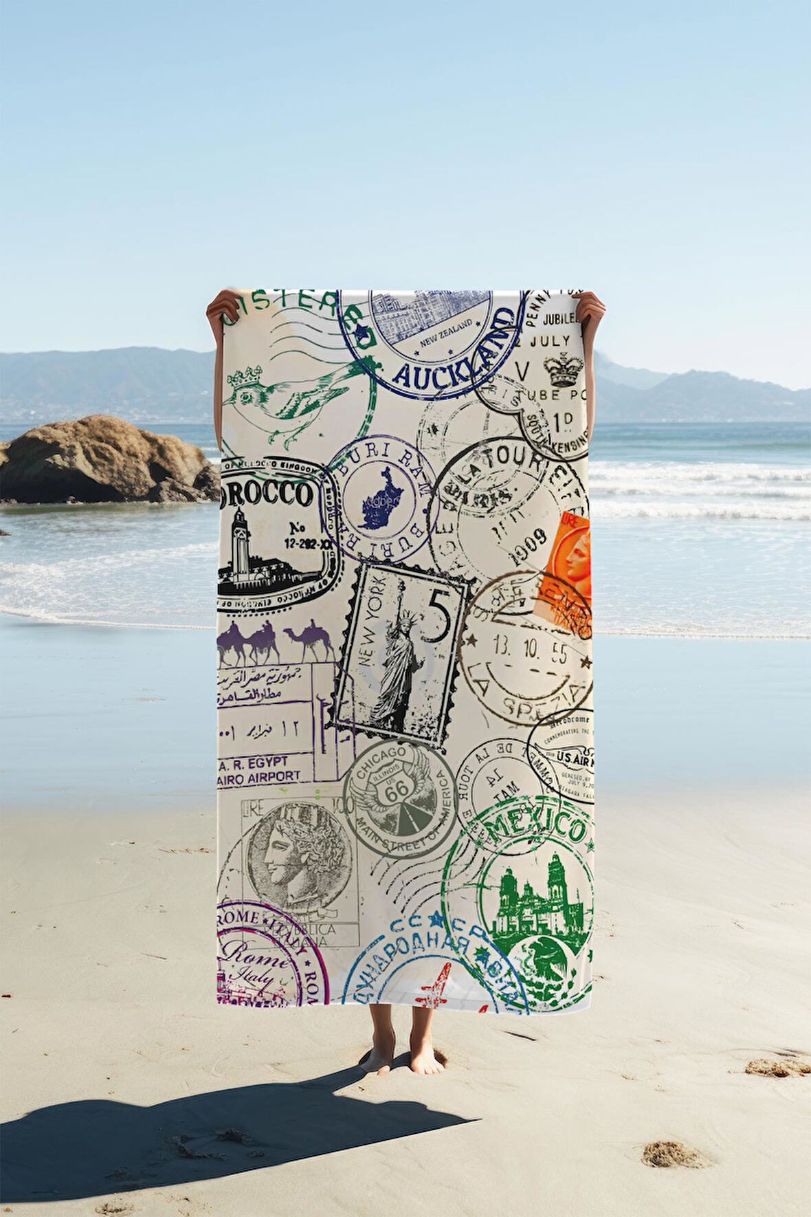 Dijital Baskı Plaj Deniz Havlusu Posta Pulu Desenli Peştamal HVL0228