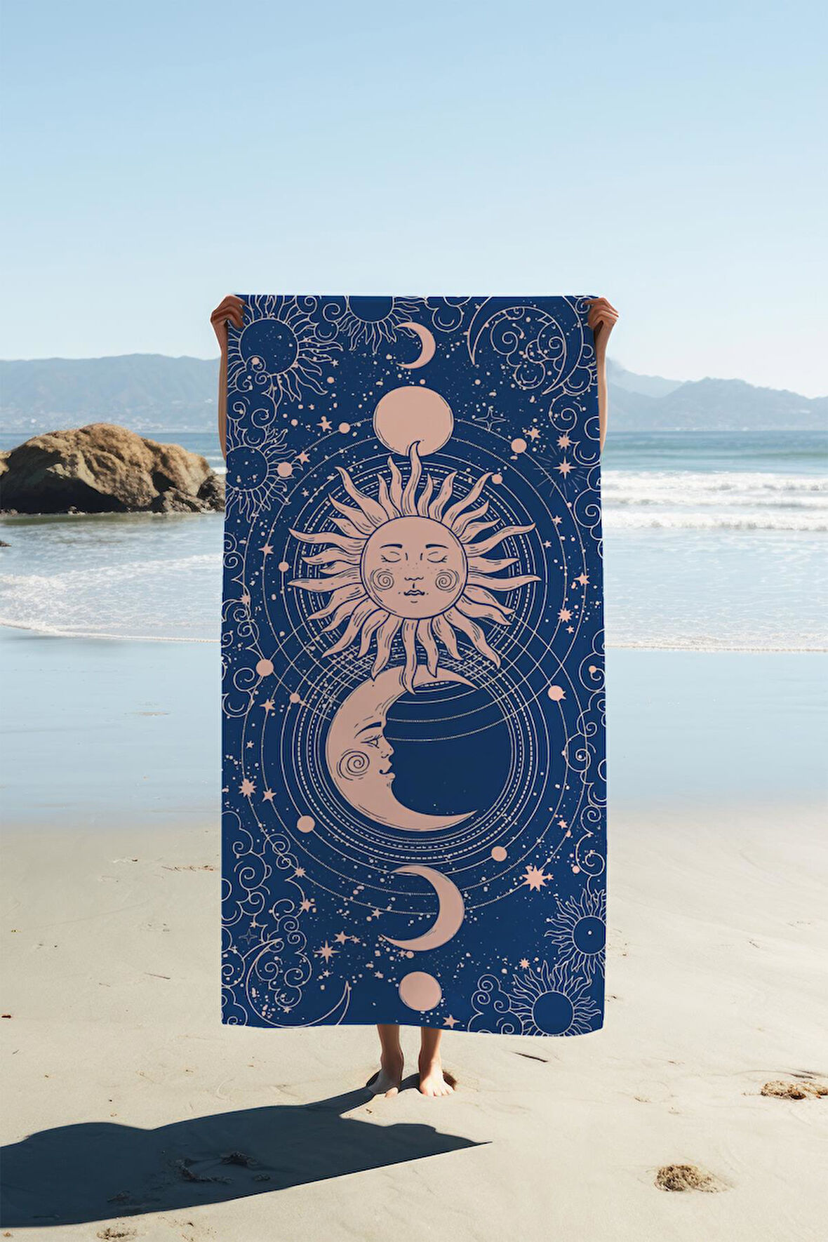 Dijital Baskı Plaj Deniz Havlusu Ay ve Yıldız Desenli Peştamal HVL0149