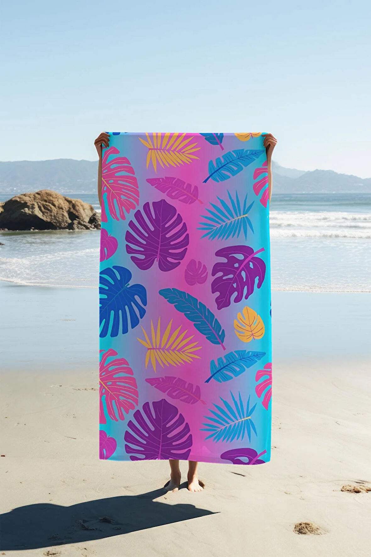 Dijital Baskı Plaj Deniz Havlusu Yaprak Desenli Peştamal HVL0177